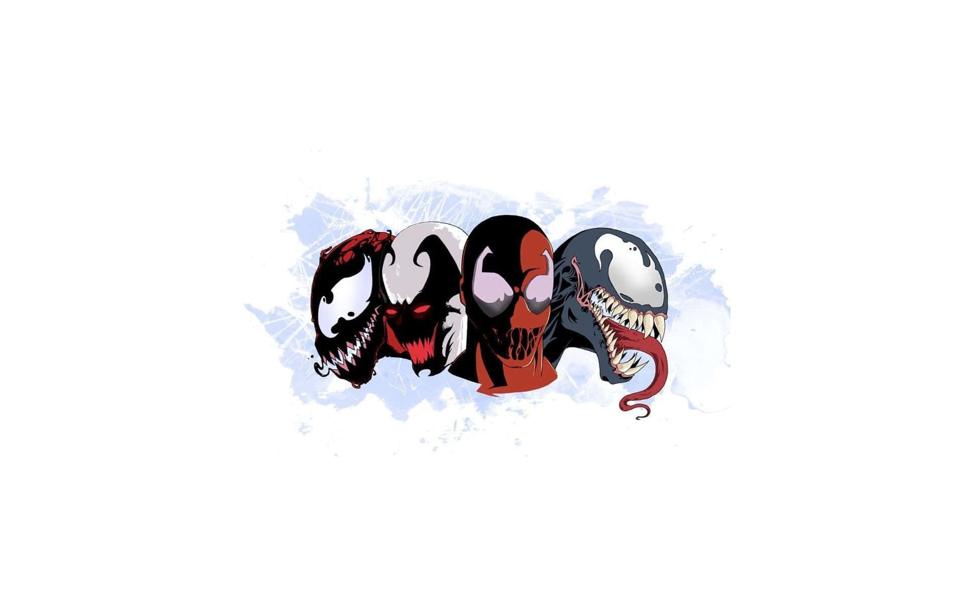 Carnage USA 桌布 壁紙 — 三個帶有尖牙和發光眼睛的威脅性漫畫共生體從藍色潑濺中衝出，背景是純白色。