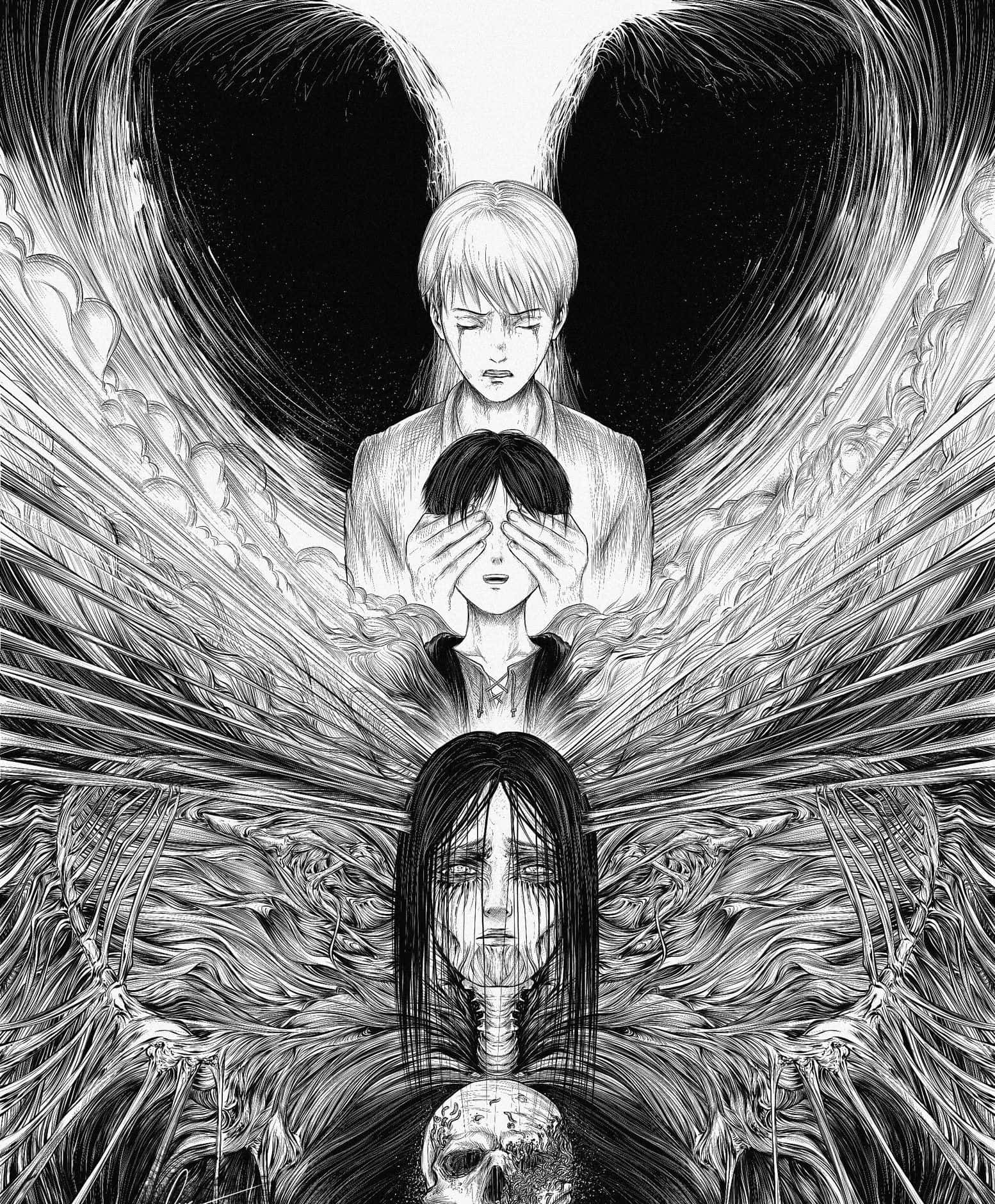 Aot Manga 桌布 壁紙 — 三個帶有戲劇性翅膀的人物，在令人難忘的黑白插圖中，一個遮住眼睛，另一個有骷髏翅膀，下方有一個頭骨。