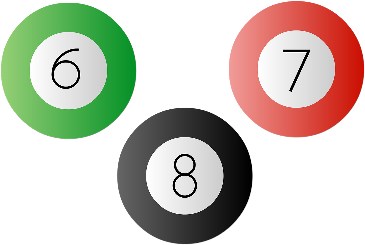 Billiard 桌布 壁紙 — 三個帶有數字的撞球，綠色六、紅色七和黑色八，漂浮在純黑色背景上。