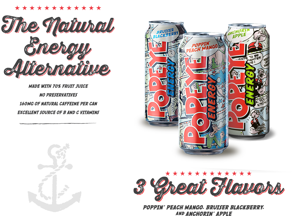 大力水手 桌布 壁紙 — 三個帶有漫畫條紋設計的Popeye能量飲料罐，放在黑色背景上，配有粗體紅色文字和白色錨標誌。