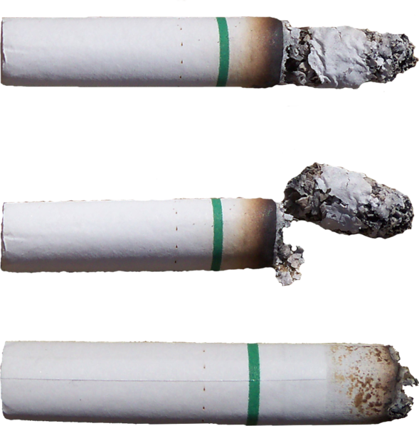 cigarettes 桌布 壁紙 — 三個帶有煙灰和燒焦痕跡的煙蒂，襯托在鮮明的黑色背景上。