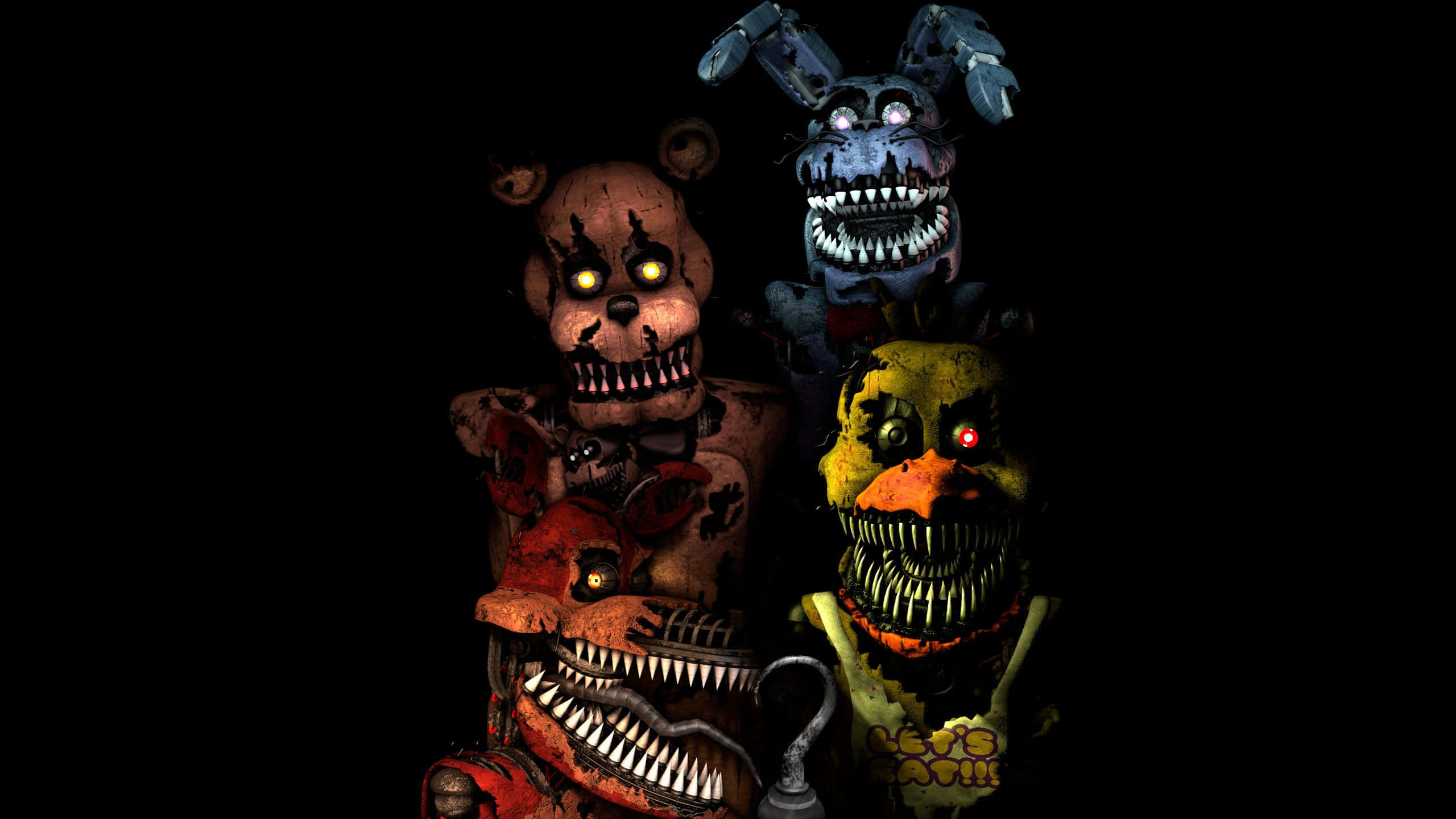 Scary Fnaf 桌布 壁紙 — 三個帶有發光眼睛和尖銳牙齒的威脅性電子動畫角色站在黑色背景前。