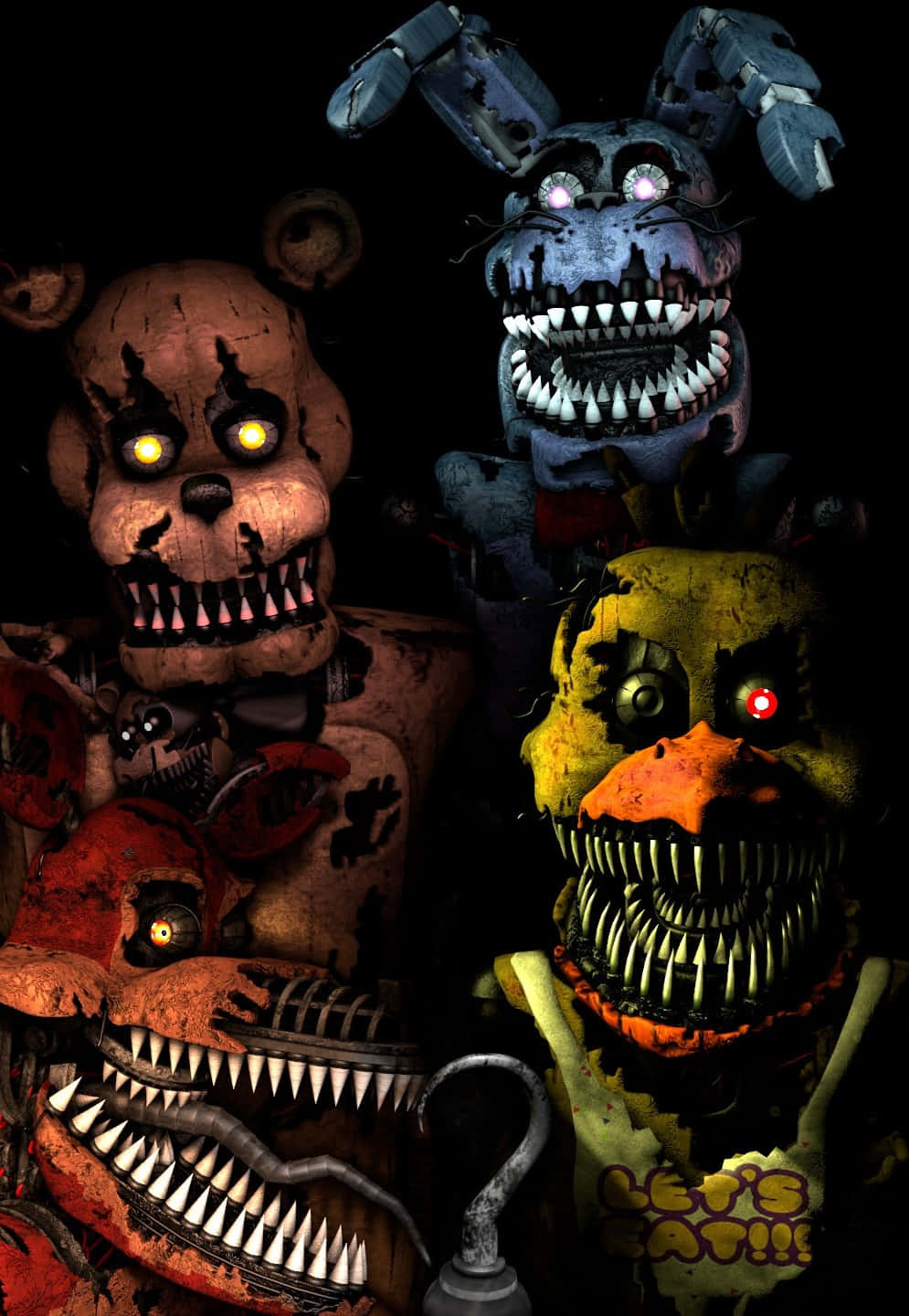 five nights at freddy's 桌布 壁紙 — 三個帶有發光眼睛和尖銳牙齒的威脅性電子動畫角色在黑暗中若隱若現。