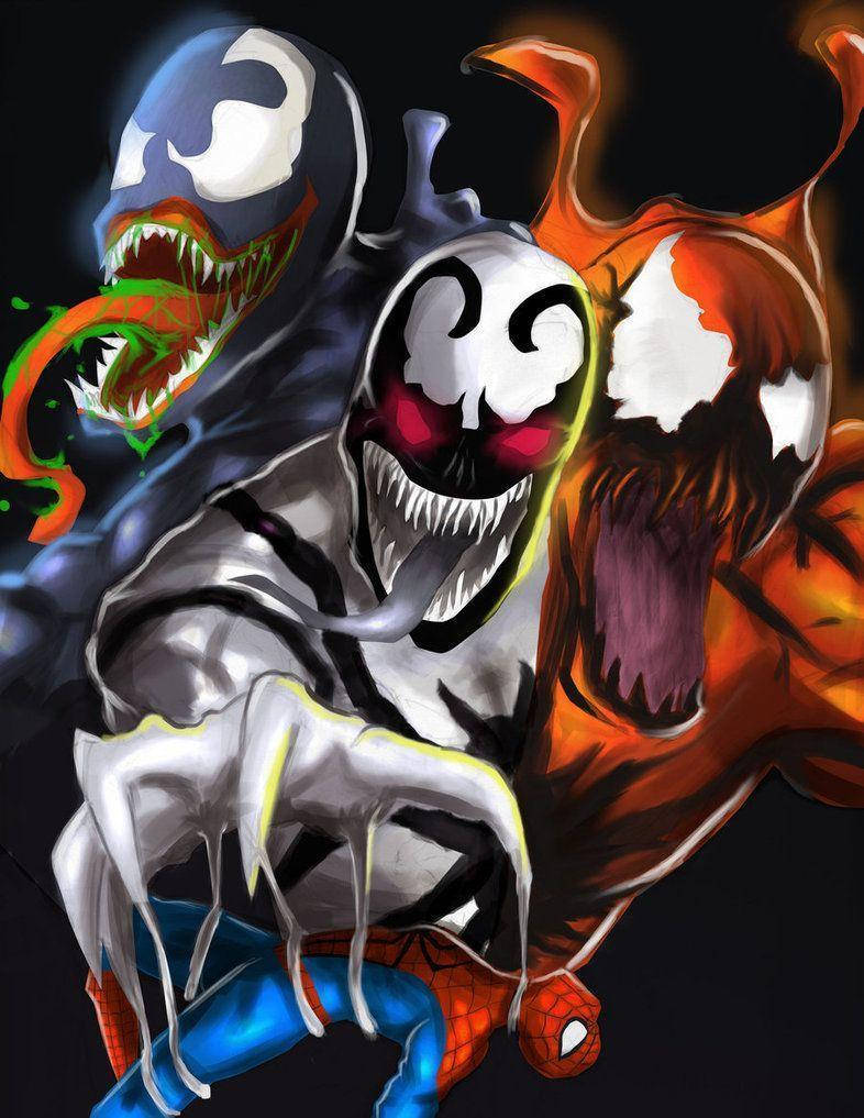 Venom Carnage 桌布 壁紙 — 三個帶有發光眼睛和尖銳牙齒的威脅性共生體反派在黑暗背景下攻擊掙扎中的蜘蛛人。