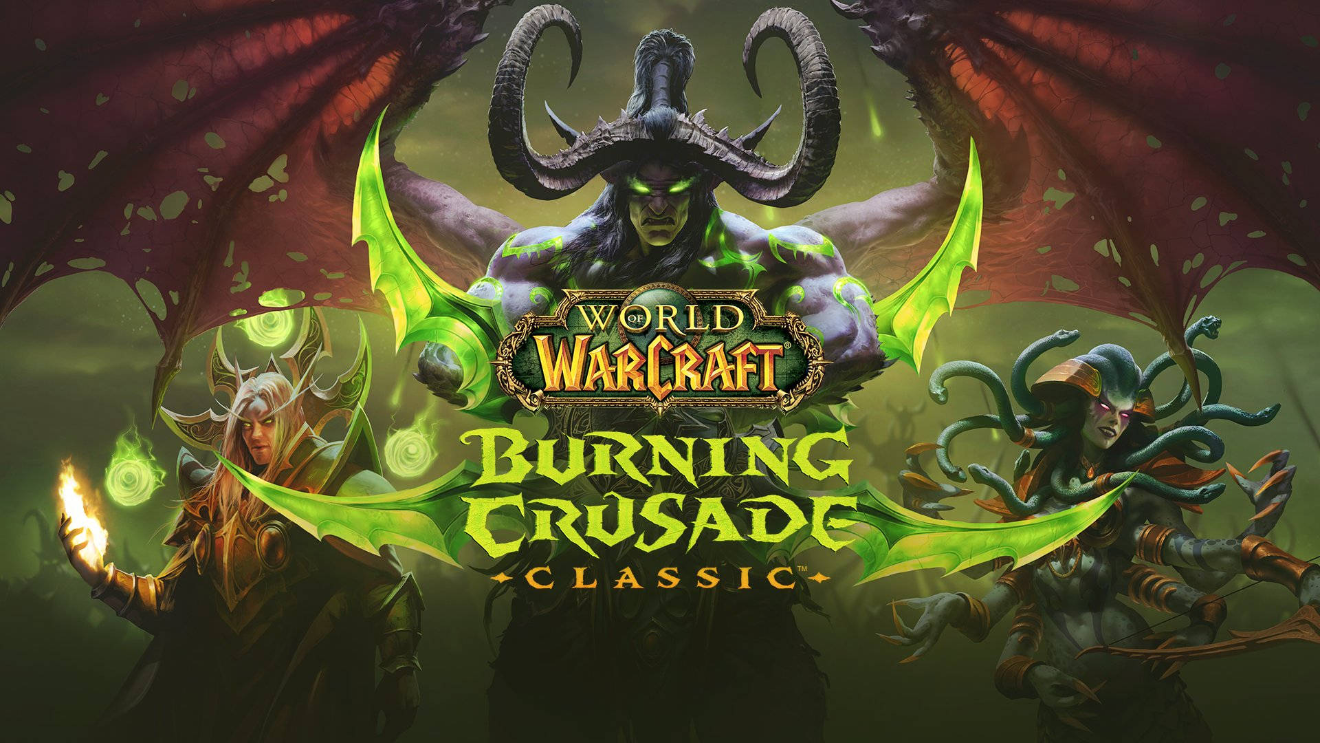 Wow Classic 桌布 壁紙 — 三個帶有發光綠色翅膀和惡魔特徵的奇幻角色站在《魔獸世界：燃燒的遠征經典版》標誌前。