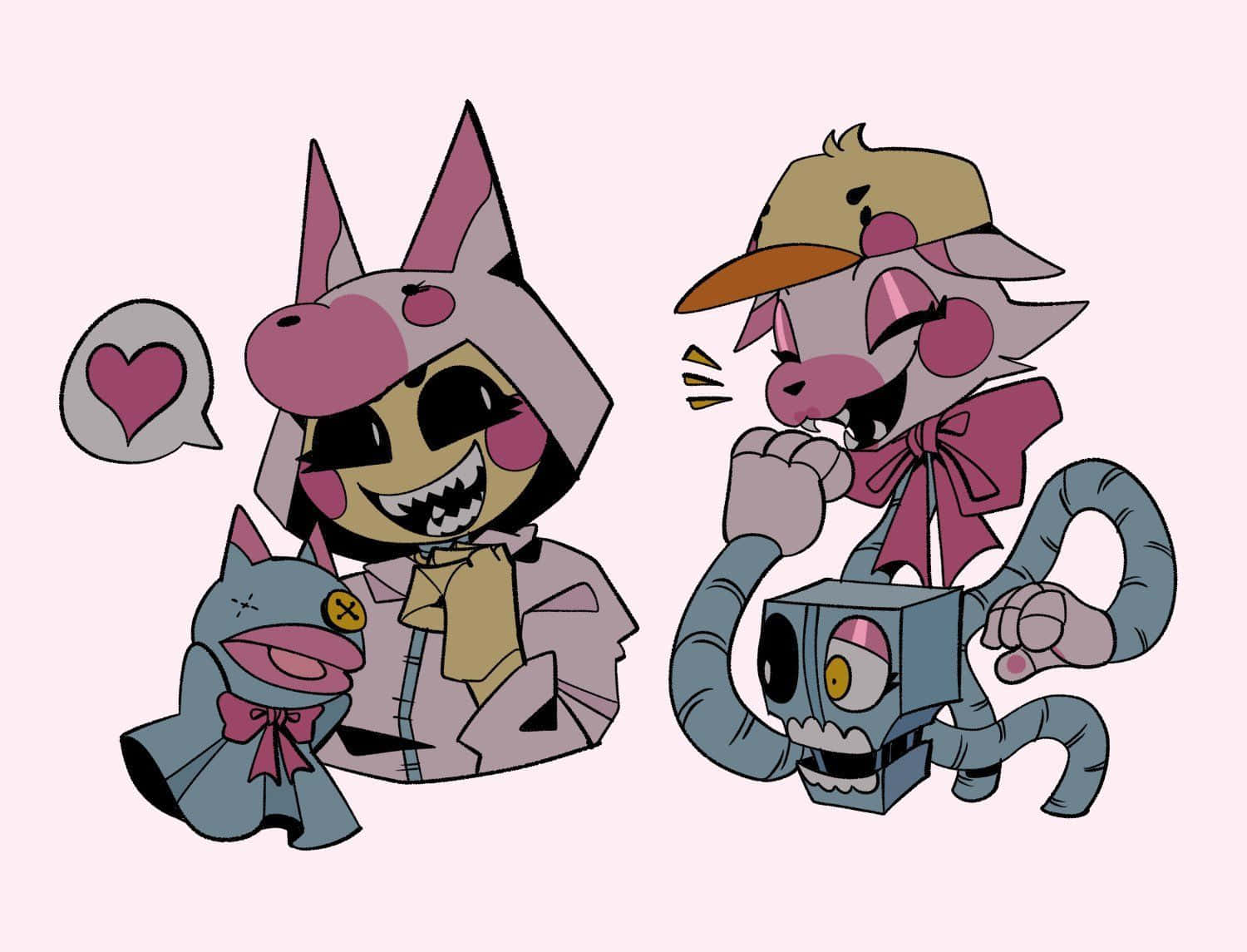 Fnaf Characters 桌布 壁紙 — 三個帶有粉紅色點綴和誇張表情的卡通角色在柔和的粉紅色背景前嬉戲互動。