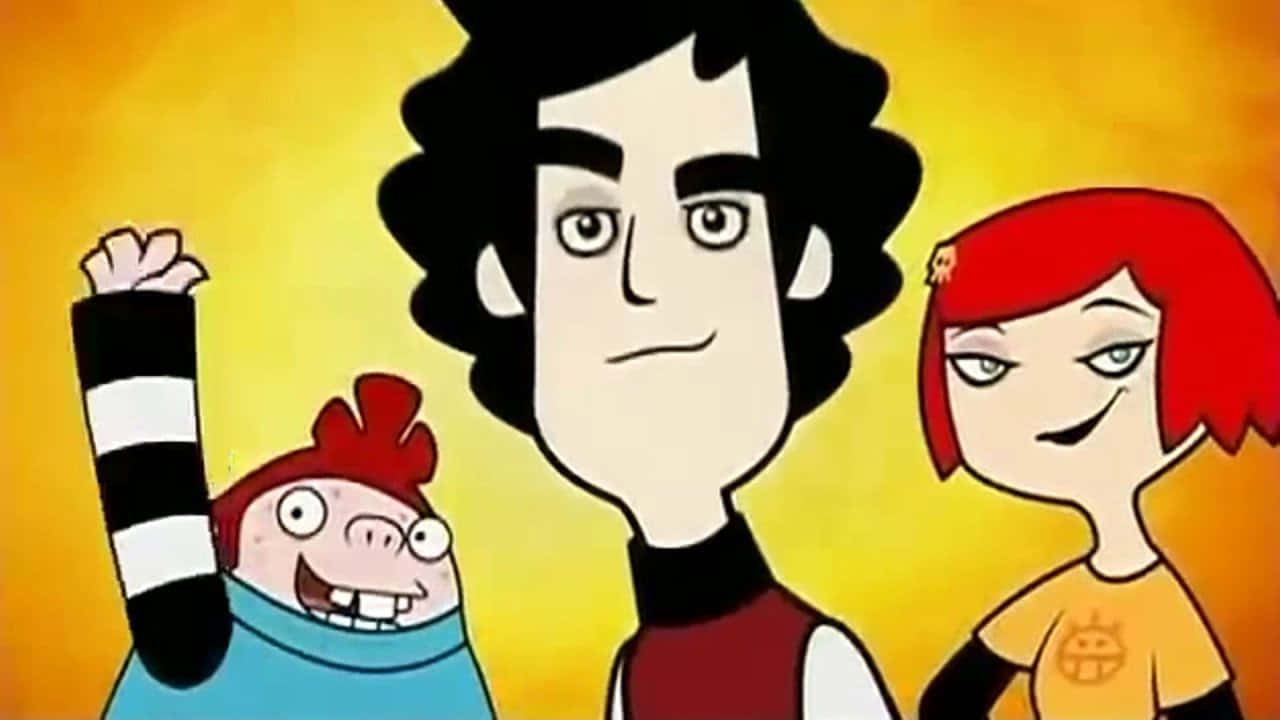 Animated 桌布 壁紙 — 三個帶有粗線條和鮮豔色彩的動畫角色站在溫暖的黃色背景前。