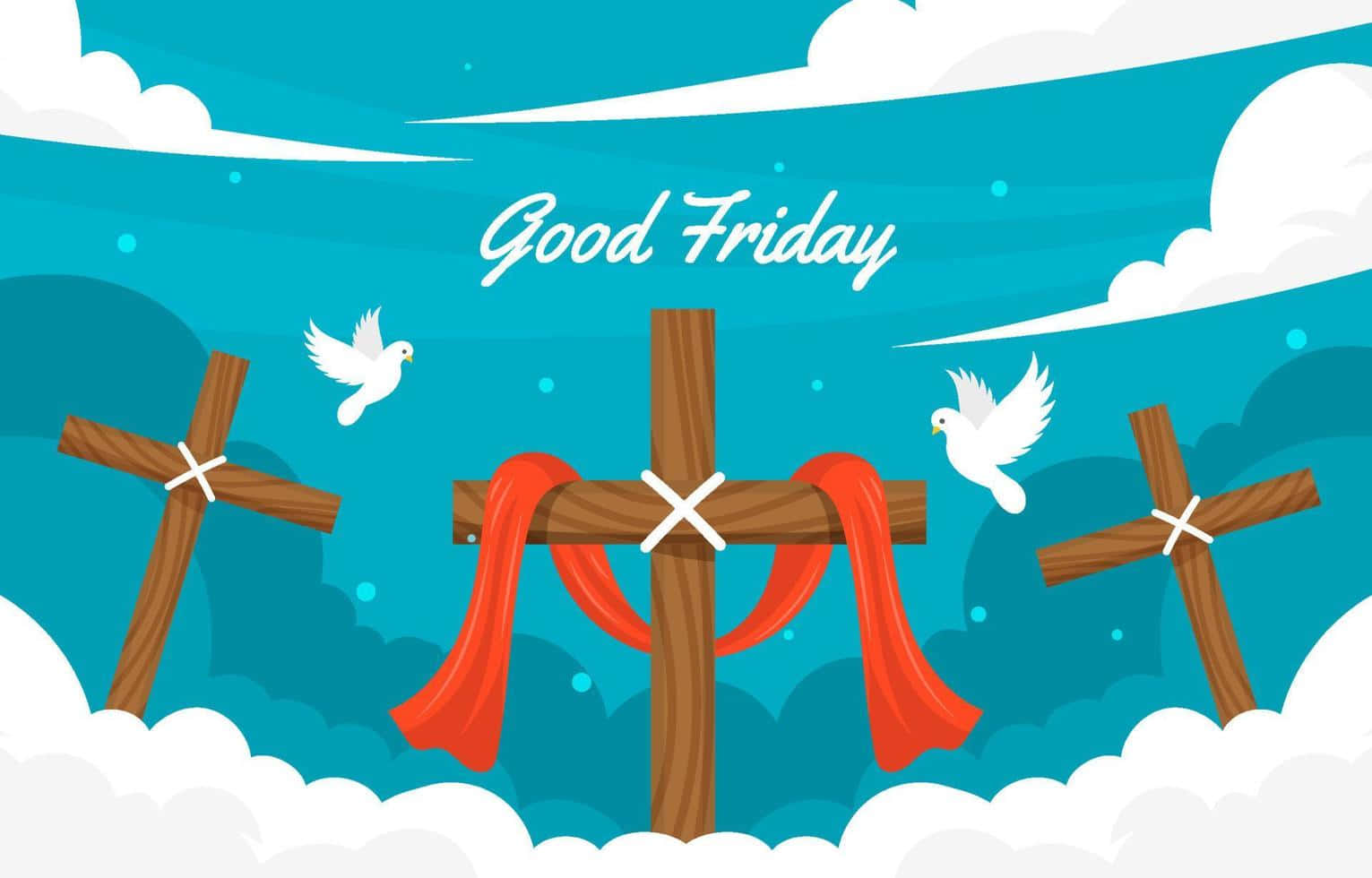 Friday 桌布 壁紙 — 三個帶有紅色絲帶的木製十字架漂浮在雲層之上，白鴿在藍天下飛翔，並有「Good Friday」文字。