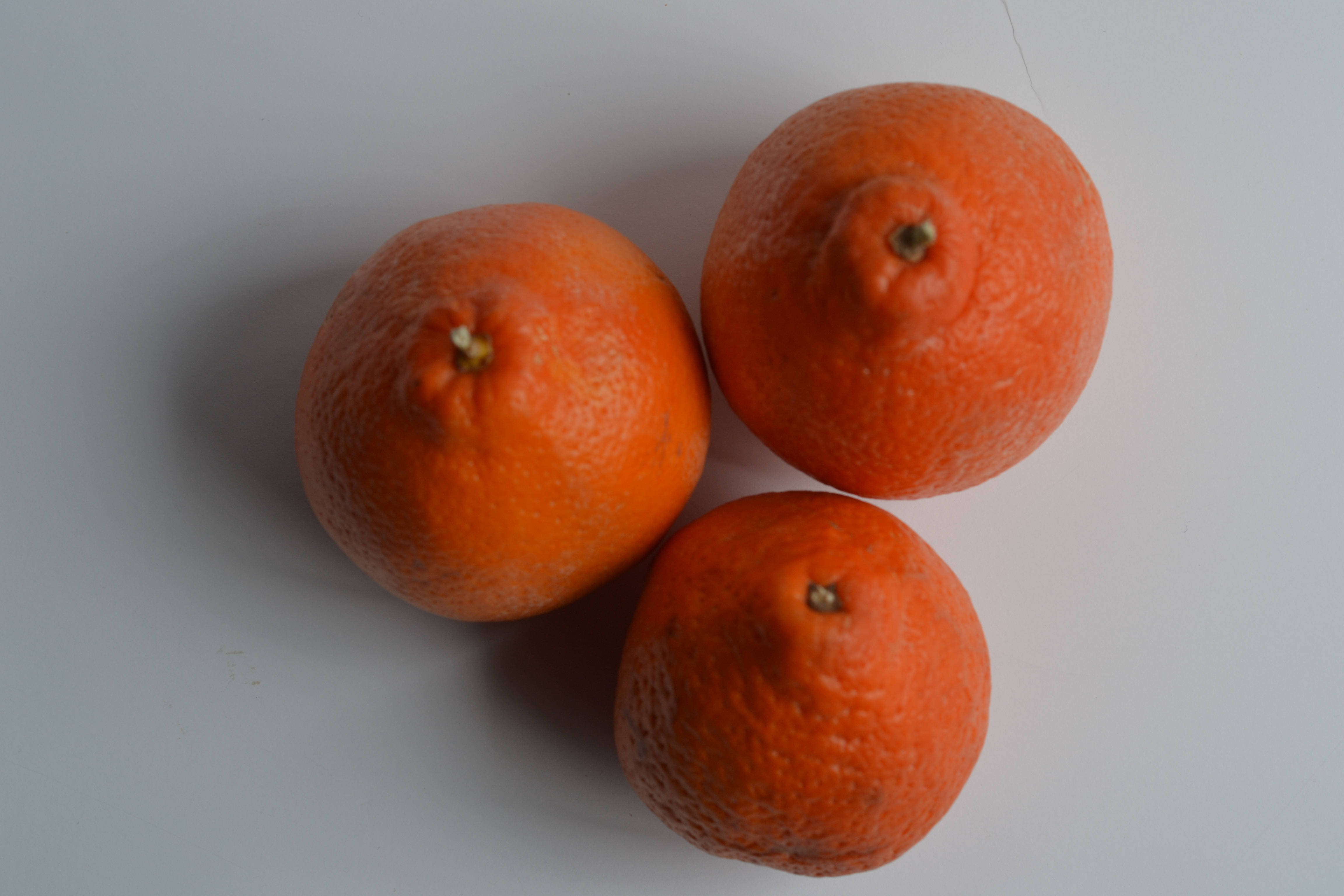 Fruits 桌布 壁紙 — 三個帶有紋理果皮的鮮豔柳橙放在純白色表面上，投下柔和陰影。