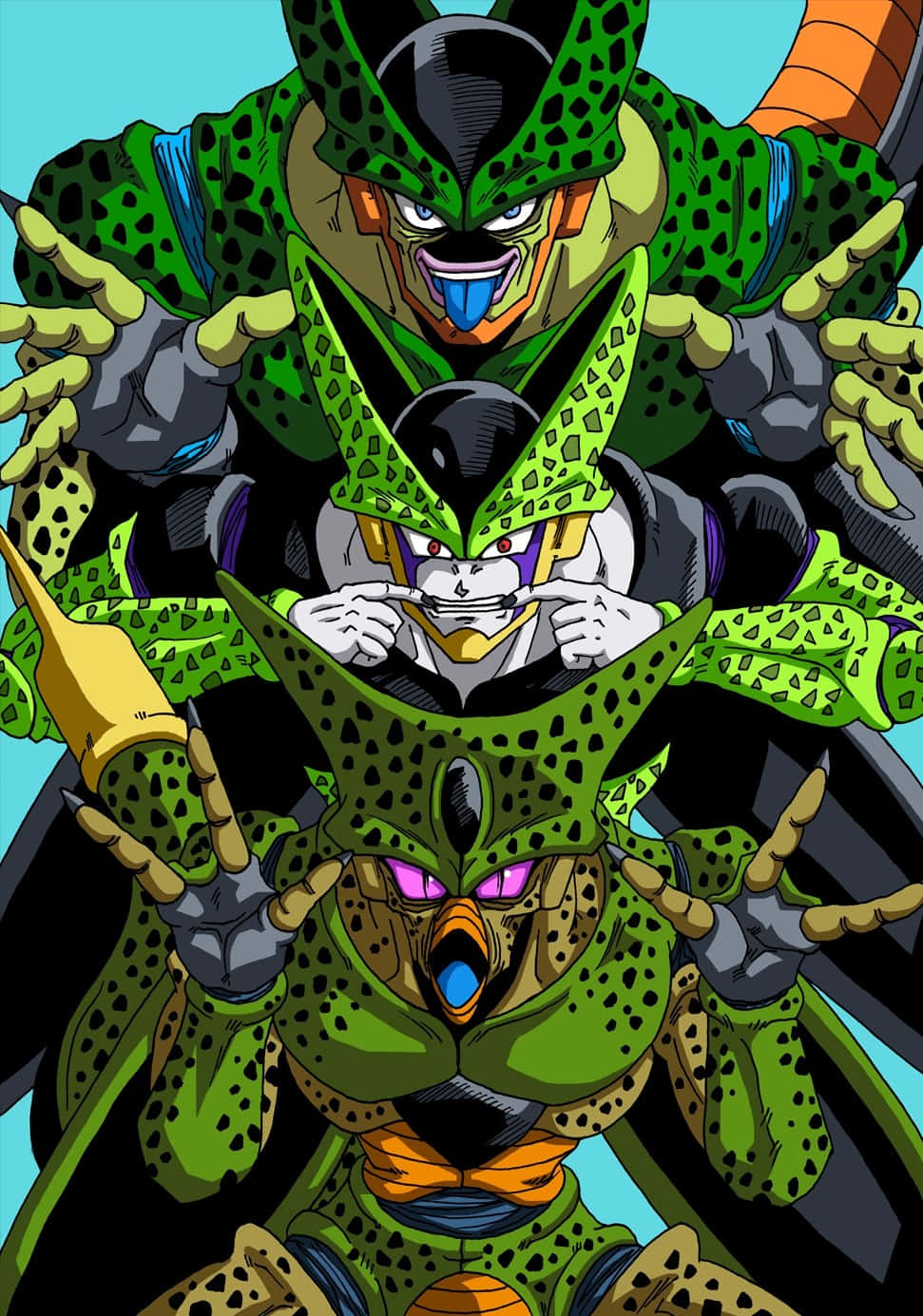 Cell Games 桌布 壁紙 — 三個帶有綠色斑點皮膚和鋒利爪子的威脅性賽魯形態，在青色背景上以堆疊的動漫構圖聳立。