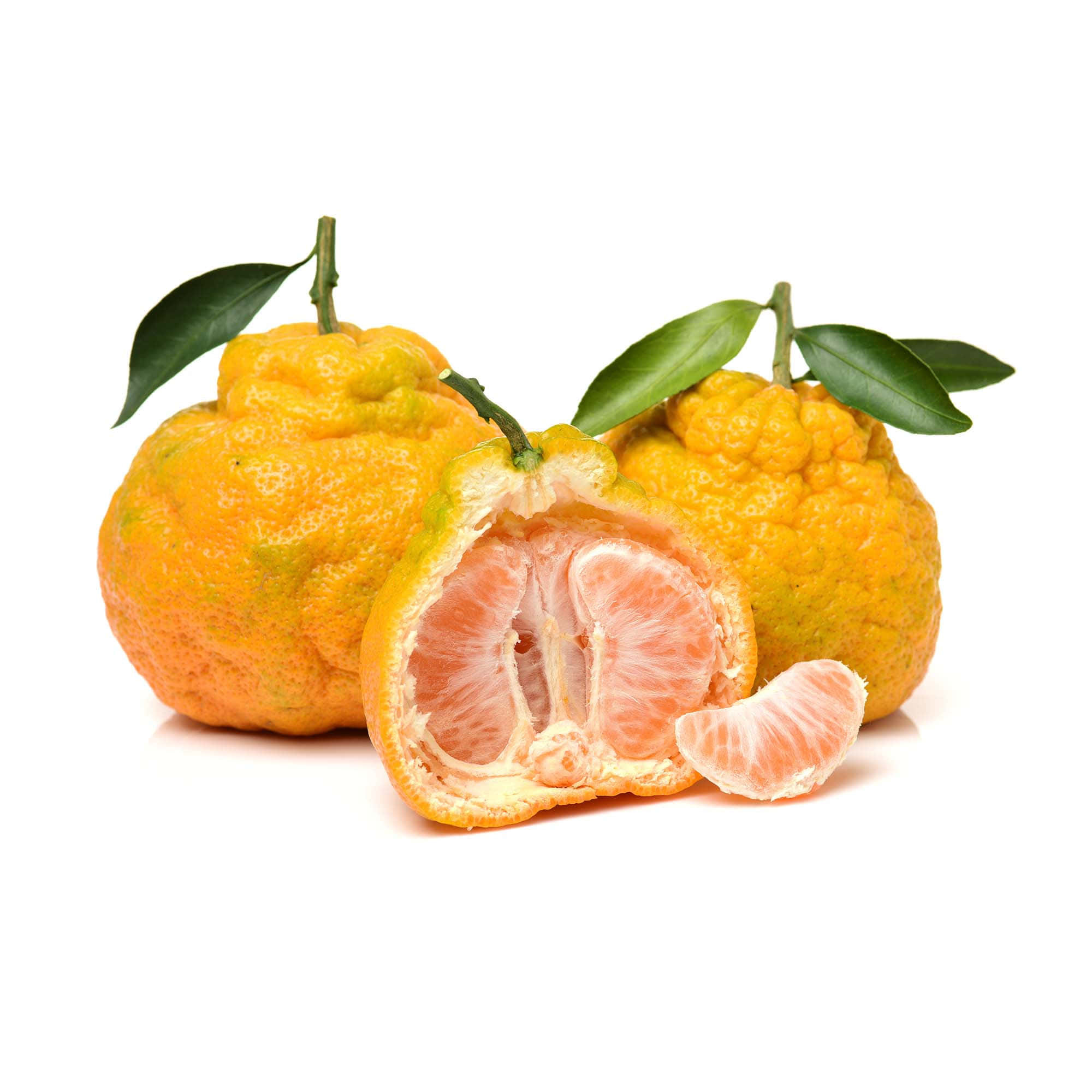 Fruits 桌布 壁紙 — 三個帶有綠色葉子的紋理柑橘類水果，其中一個被切開，露出多汁的粉紅色果瓣，背景為白色。