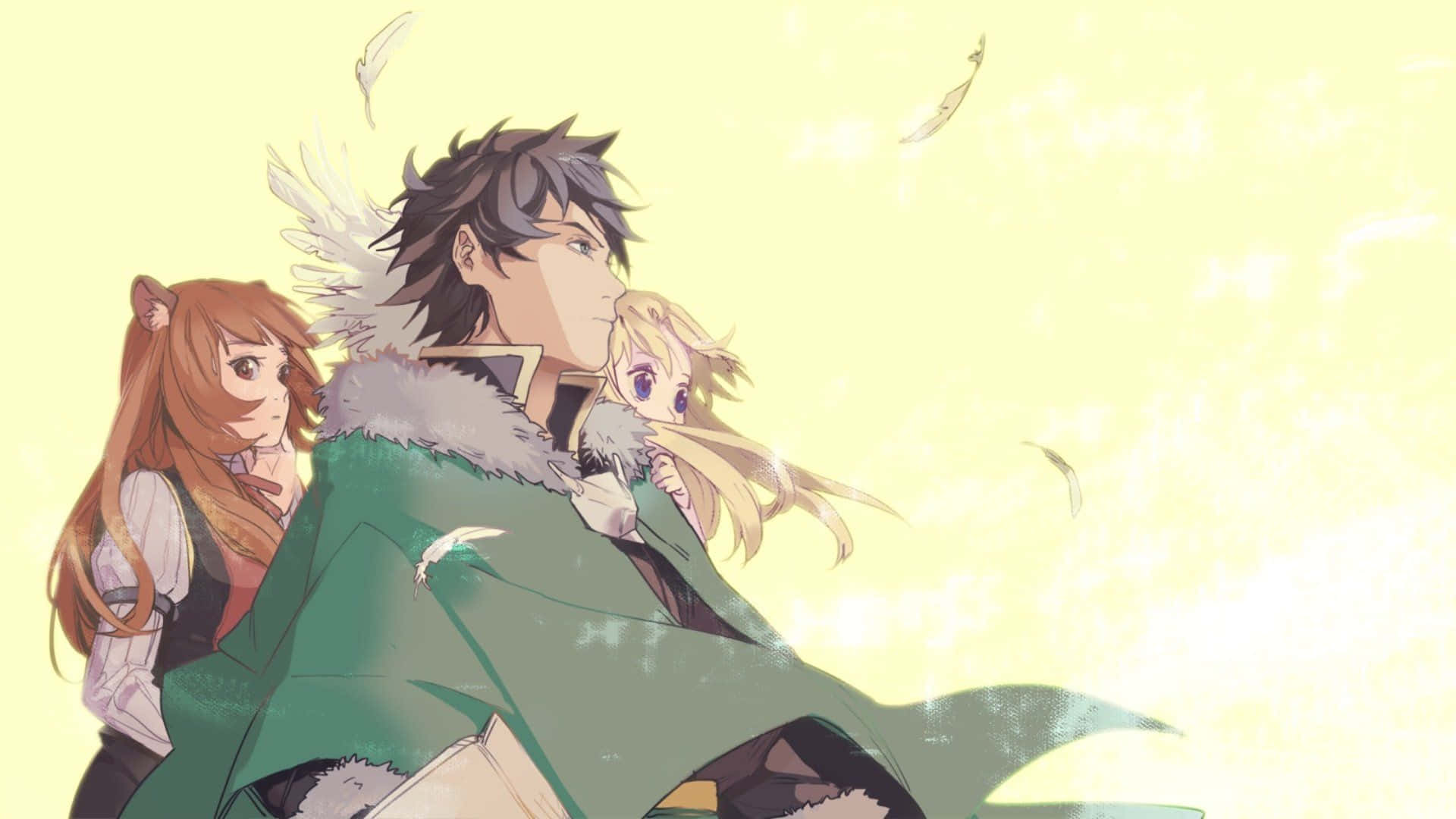 The Rising Of The Shield Hero 桌布 壁紙 — 三個帶有翅膀和羽毛的動漫角色在柔和的黃色天空中向上飄浮。