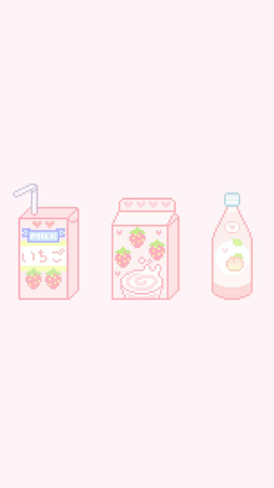 Aesthetic Pink Kawaii 桌布 壁紙 — 三個帶有草莓和蜜桃設計的像素風格飲料容器漂浮在柔和的粉紅色背景上。