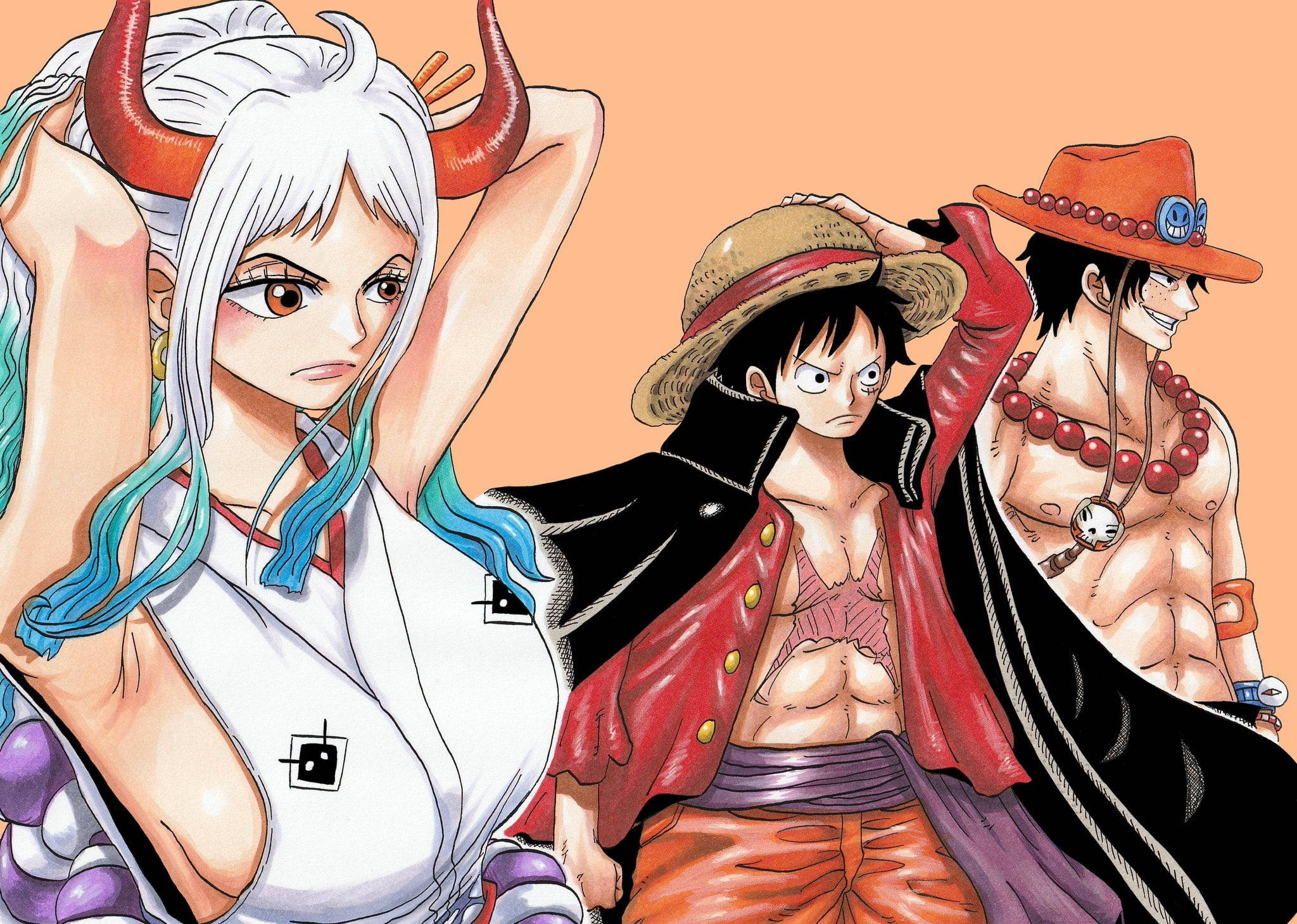 Luffy 桌布 壁紙 — 三個帶有角和帽子的動漫角色在純色蜜桃色背景前自信地擺姿勢。