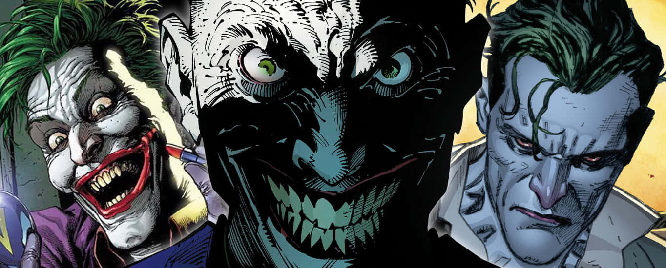 Batman Three Jokers 桌布 壁紙 — 三個帶有誇張笑容和混亂表情的漫畫風格威脅性小丑變體。