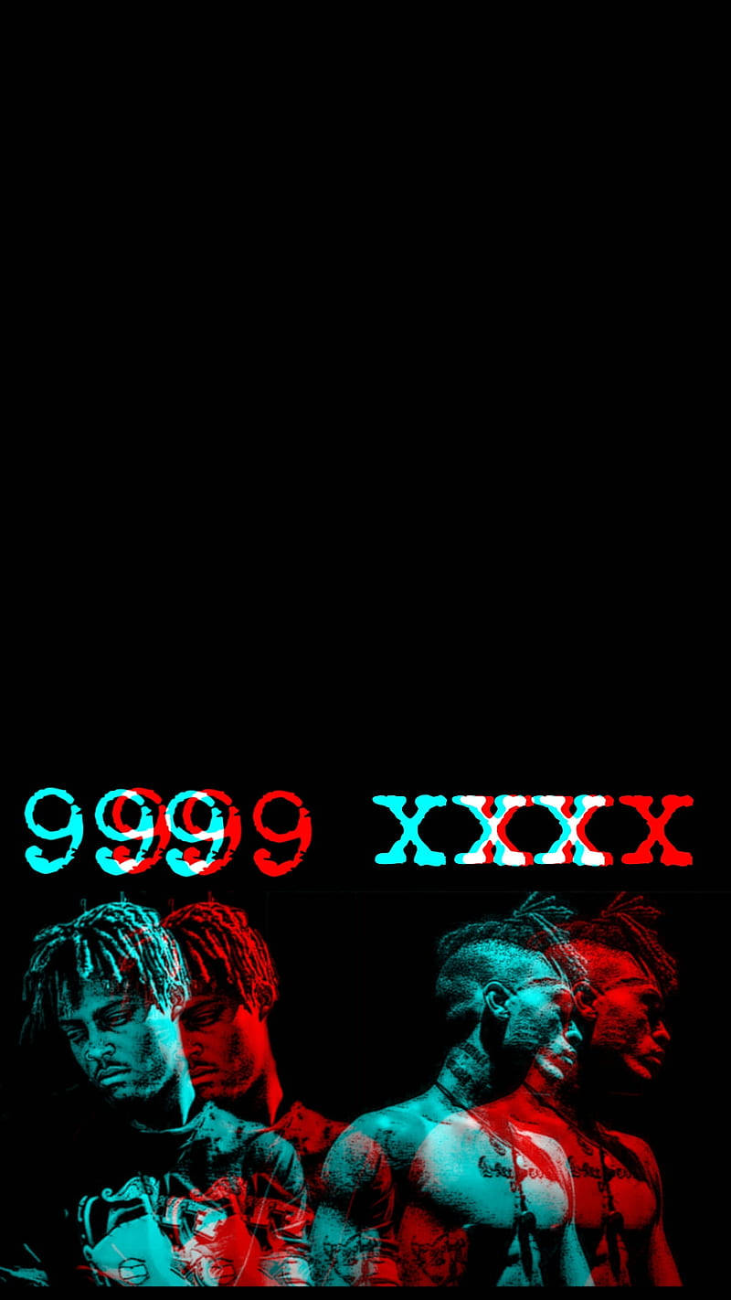 Juice Wrld Aesthetic 桌布 壁紙 — 三個帶有辮子和刺青的風格化男性在黑色背景上以紅色和青色發光，並帶有故障文字。