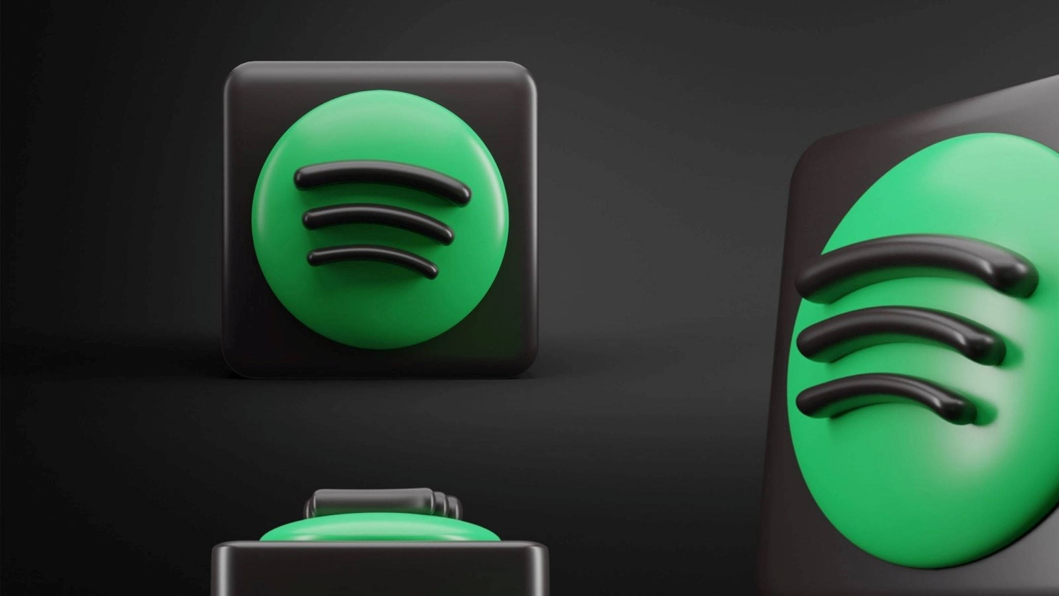Spotify 桌布 壁紙 — 三個帶有鮮綠色圓圈和黑色波浪標誌的光澤Spotify應用程式圖示，在深色漸變背景上漂浮。