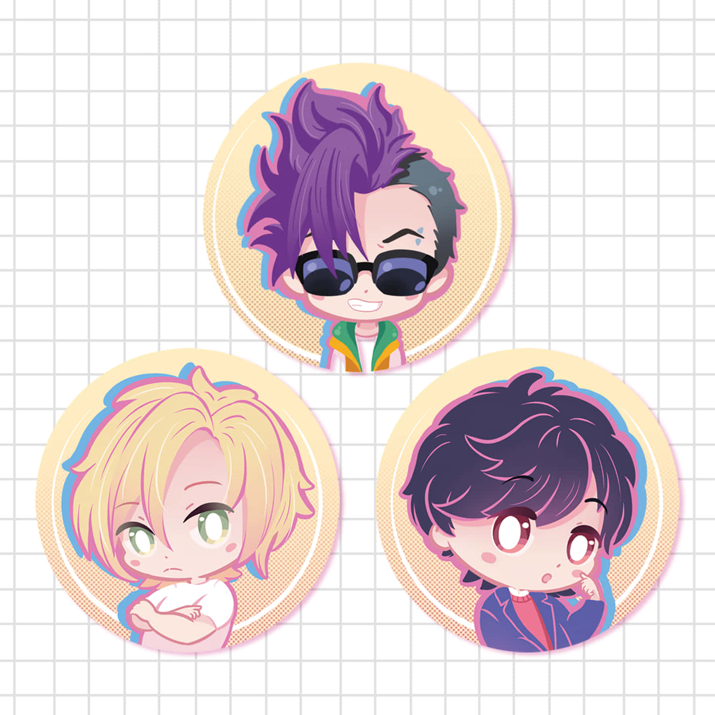 Banana Fish 桌布 壁紙 — 三個帶有鮮豔頭髮和富有表情眼睛的Q版動漫角色顯示在圓形徽章上，背景為網格。