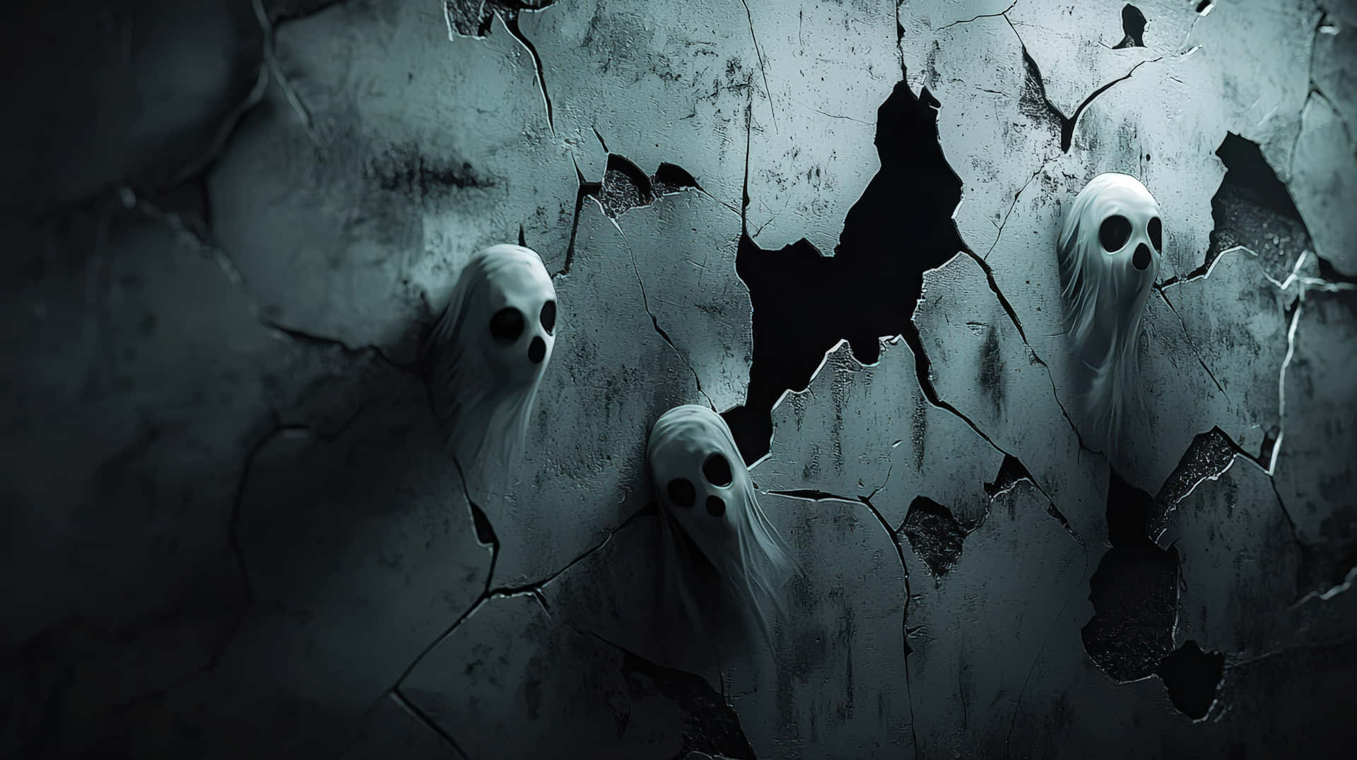 Creepy ghostly faces appearing through cracks in a dark, decayed wall 壁紙 — 三個帶有黑色眼窩的幽靈般身影，從風化的灰色牆壁裂縫中窺視。