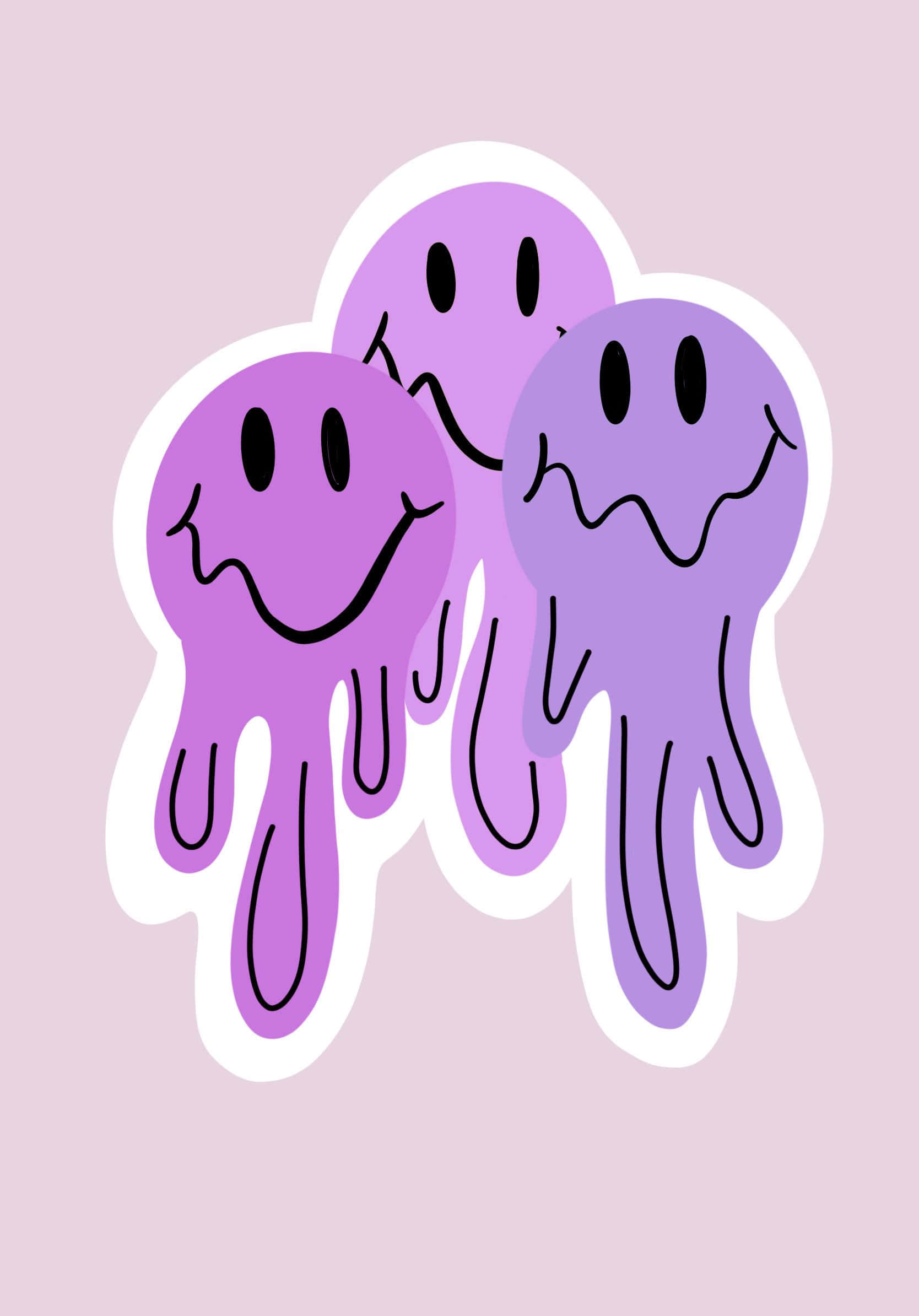 Aesthetic Trippy Smiley Face 桌布 壁紙 — 三個帶有黑色輪廓的紫色融化笑臉在柔和的粉紅色背景上滴落。