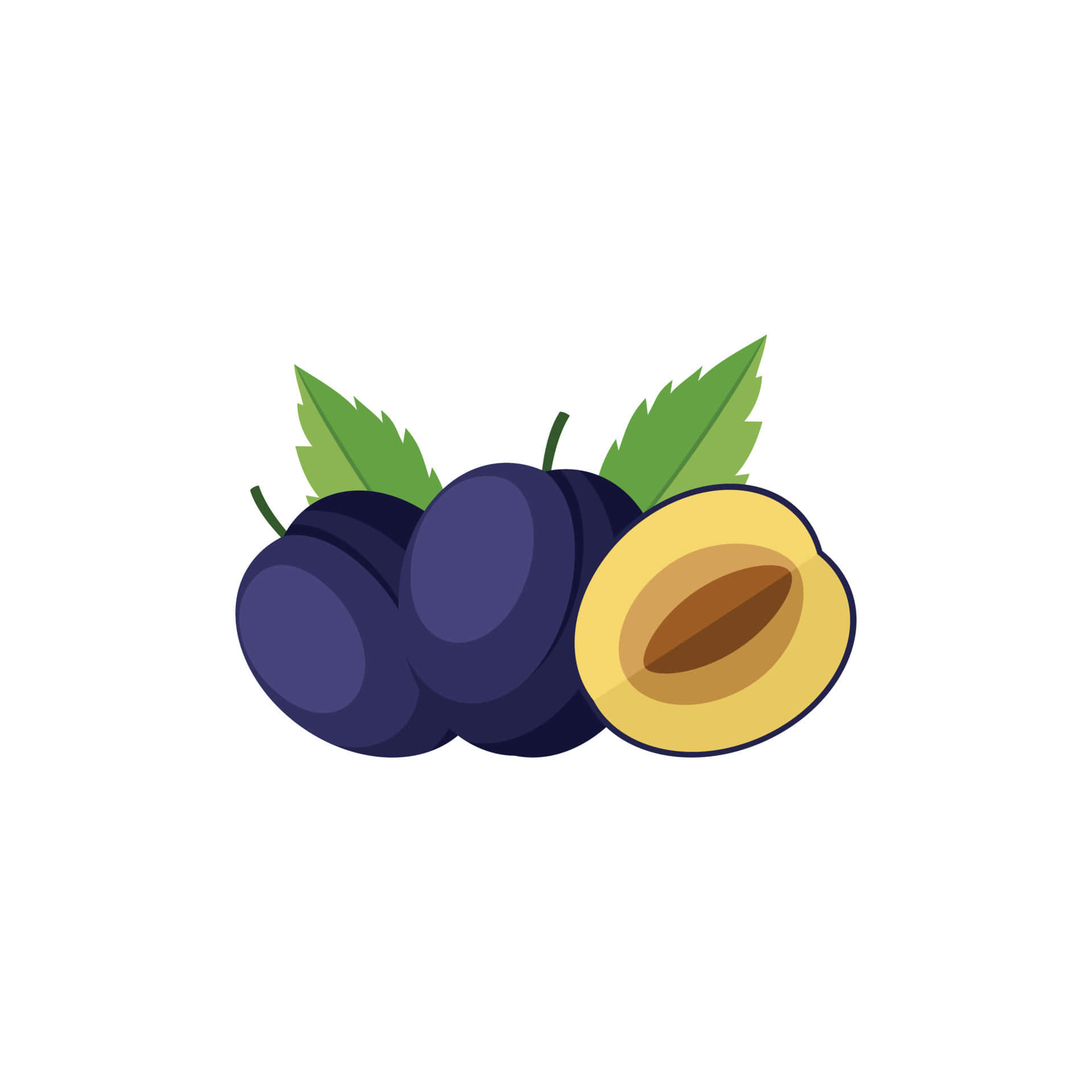 Fruit 桌布 壁紙 — 三個帶綠葉的李子，其中一個切開露出黃色果肉和棕色果核。
