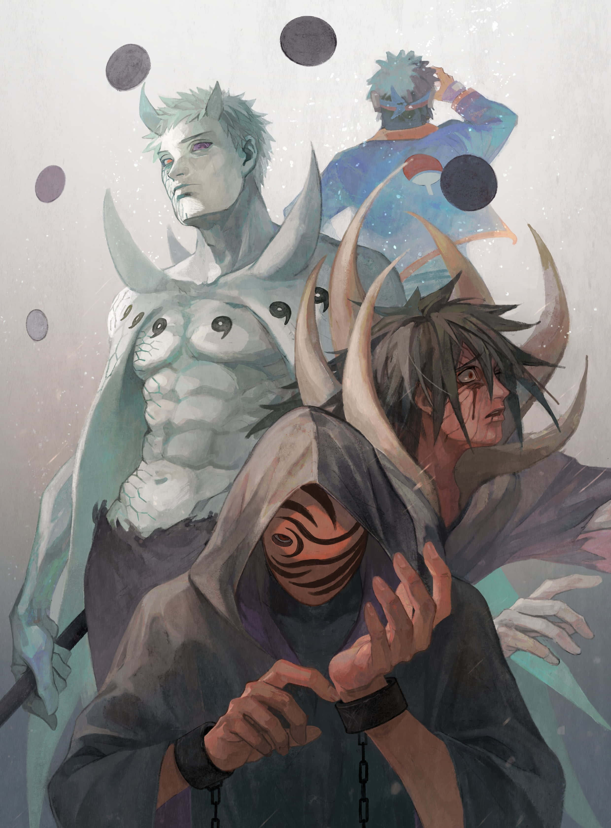 Akatsuki Tobi 桌布 壁紙 — 三個帶角及戴面具的動漫角色站在一個帶有浮動球體和宇宙色調的神秘場景中。