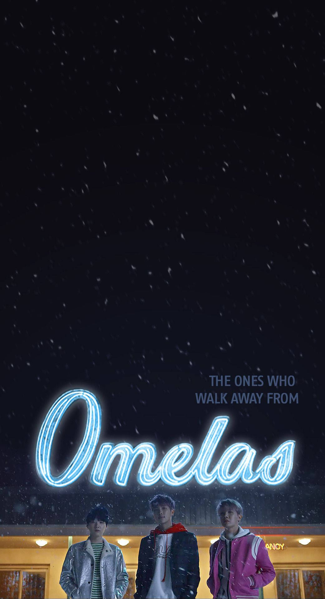 美學 BTS 桌布 壁紙 — 三個年輕人站在一個發光的霓虹燈牌下，上面寫著 Omelas，雪花在黑暗的夜空下飄落。