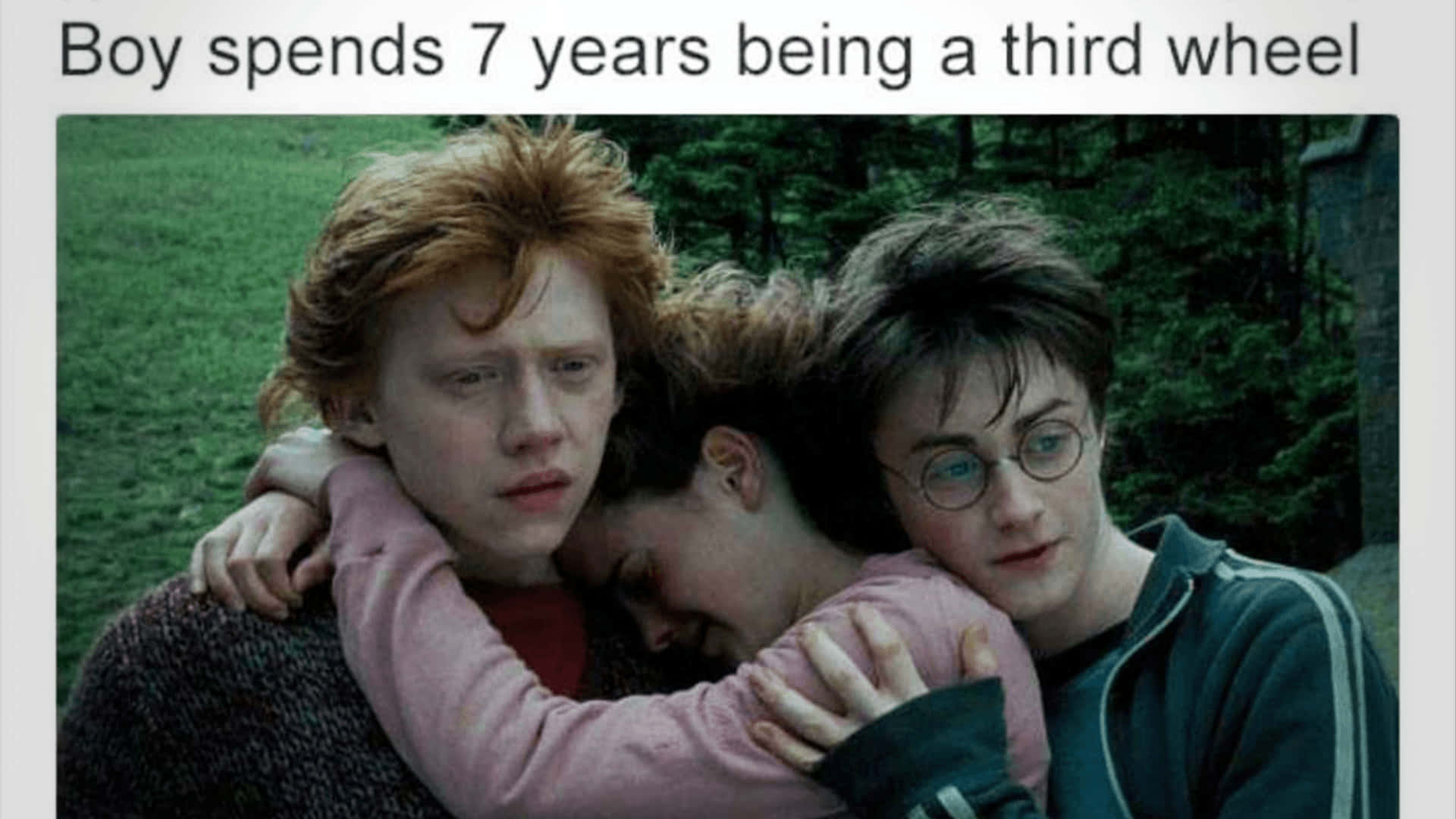 Hermione Granger 桌布 壁紙 — 三個年輕男子在草地上，其中一人擁抱另外兩個看起來情緒困擾的人。