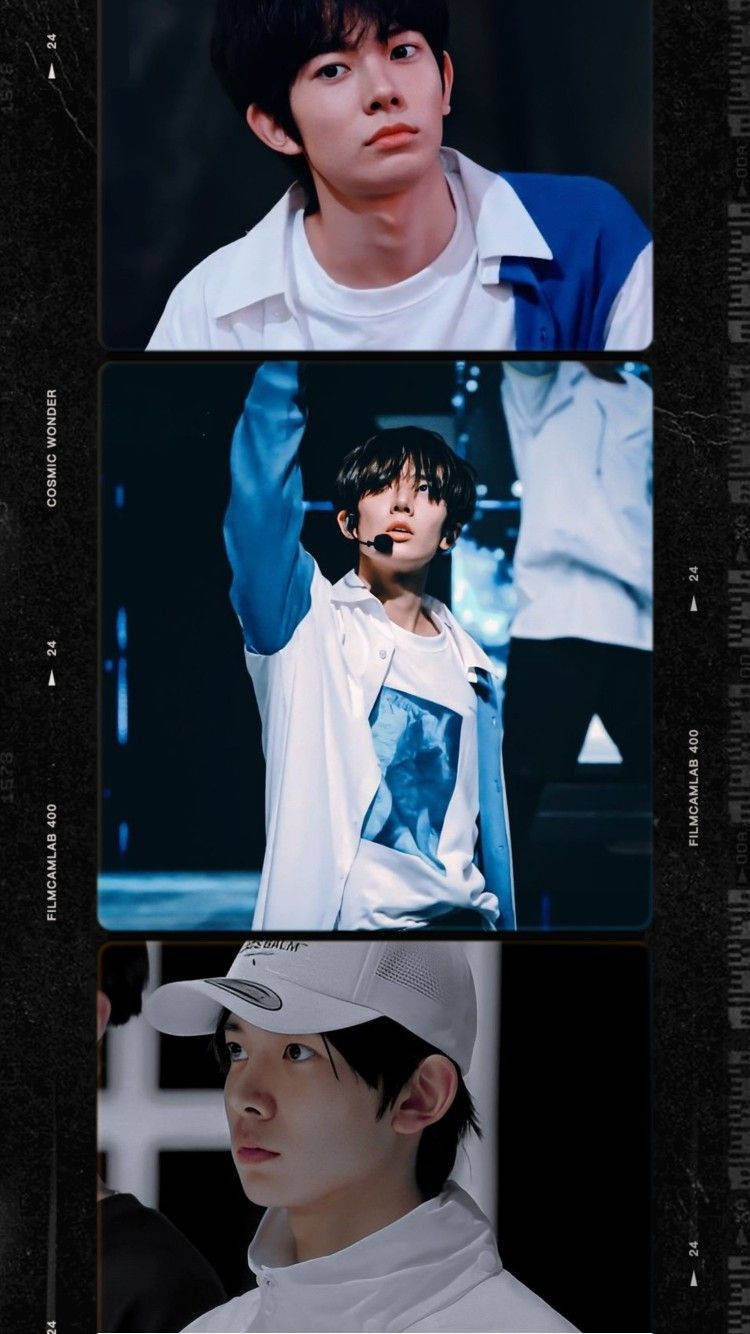 Kpop Aesthetic 桌布 壁紙 — 三個年輕男子身穿白色和藍色服裝，在深色背景上帶有底片顆粒效果的近距離拍攝。