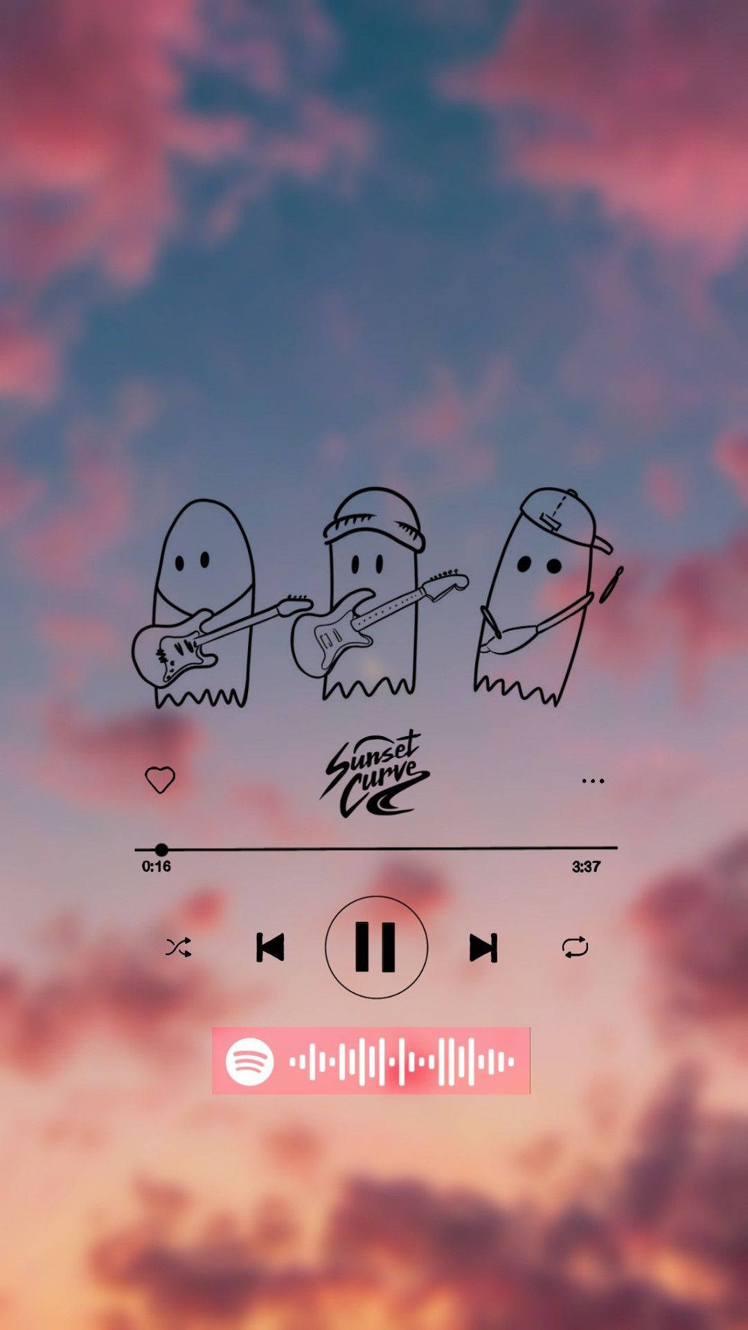 Julie And The Phantoms 桌布 壁紙 — 三個幽靈音樂家在充滿活力的日落天空下彈吉他，並帶有 Spotify 播放器疊加層。