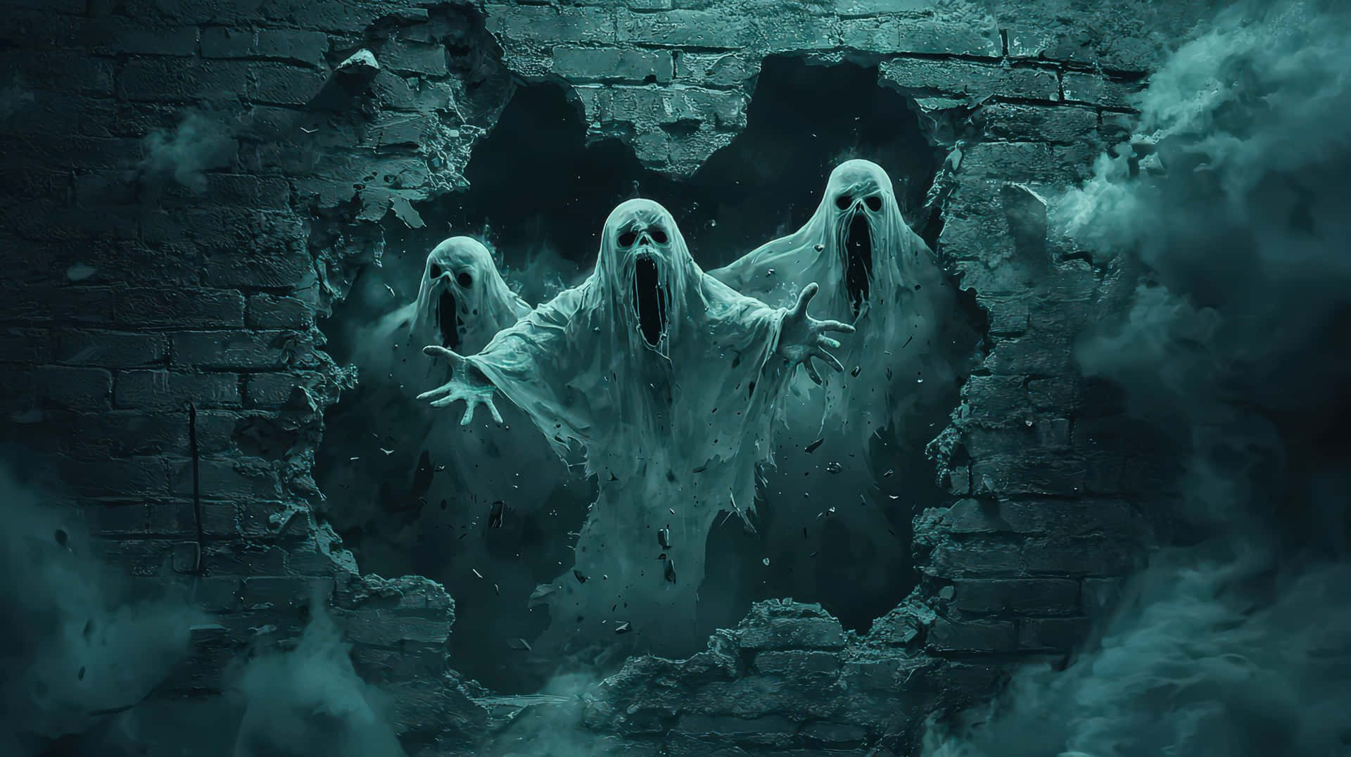 A trio of terrifying ghosts breaking through a crumbling brick wall, emerging with eerie expressions 壁紙 — 三個張大嘴巴的鬼影穿過 crumbling 磚牆，在旋轉的青綠色煙霧中爆發。