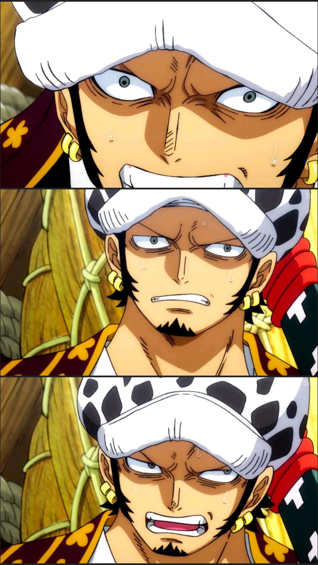 One Piece Trafalgar Law 桌布 壁紙 — 三個強烈特寫鏡頭，展示一個戴白帽和金耳環、汗流浹背、咬牙切齒的堅定動畫海盜。