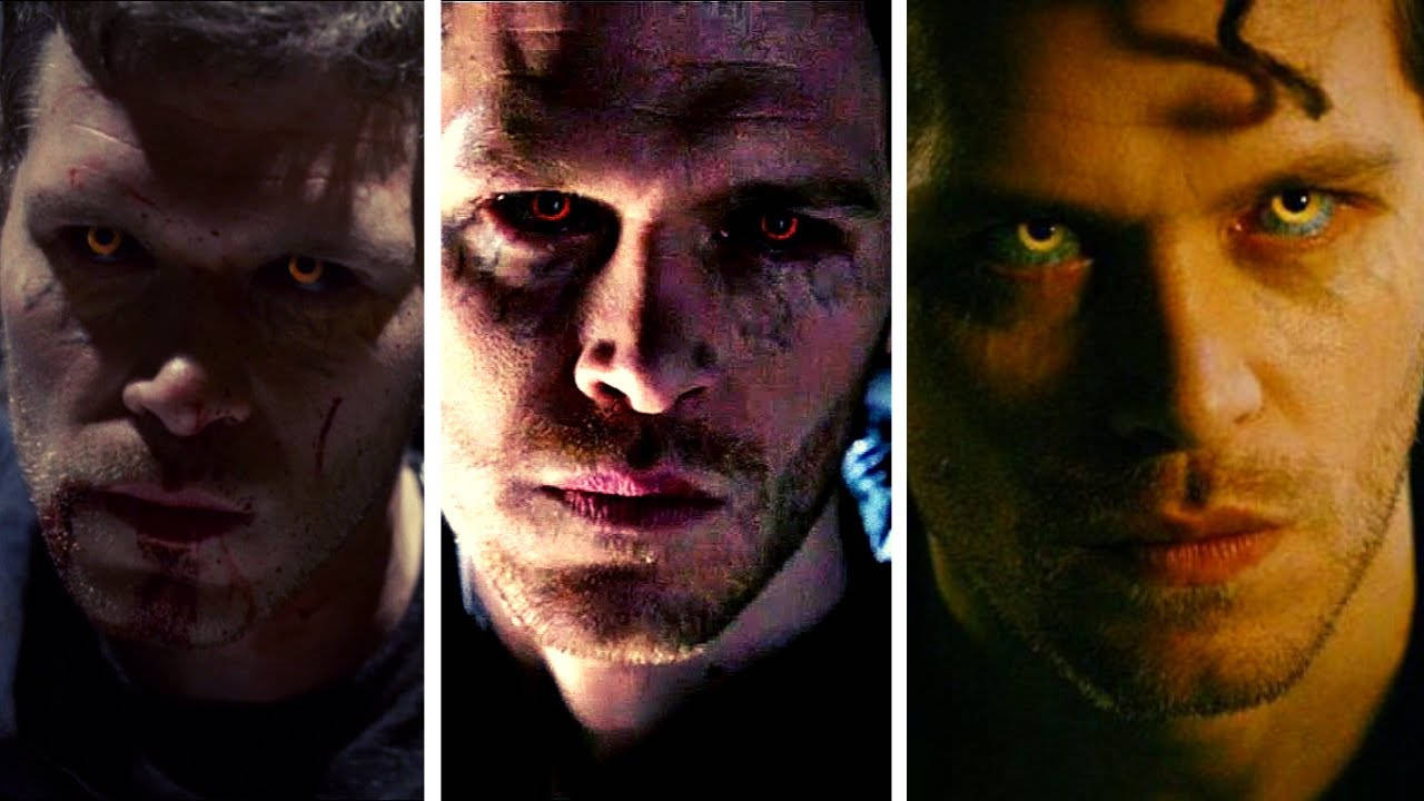 Vampire Diaries 桌布 壁紙 — 三個強烈的特寫鏡頭，一個男人在黑暗、戲劇性的燈光下，眼睛發光，臉上沾滿血。