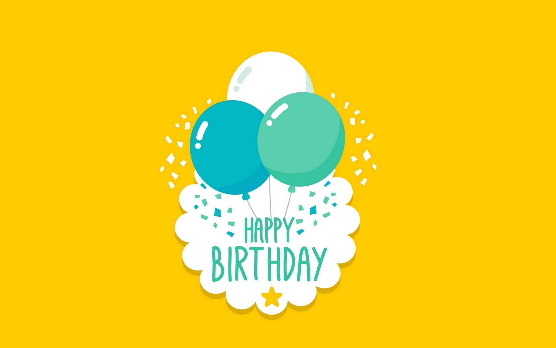 Happy Birthday Balloons 桌布 壁紙 — 三個彩色氣球漂浮在雲朵形狀的生日祝福上方，背景為明亮的黃色。