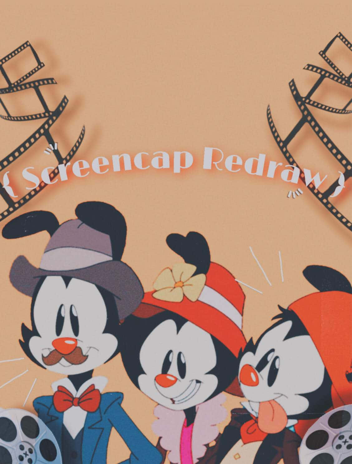 Animaniacs 桌布 壁紙 — 三個復古卡通人物戴著時尚帽子和領結，在由膠卷條框著的桃色背景前愉快地擺姿勢。