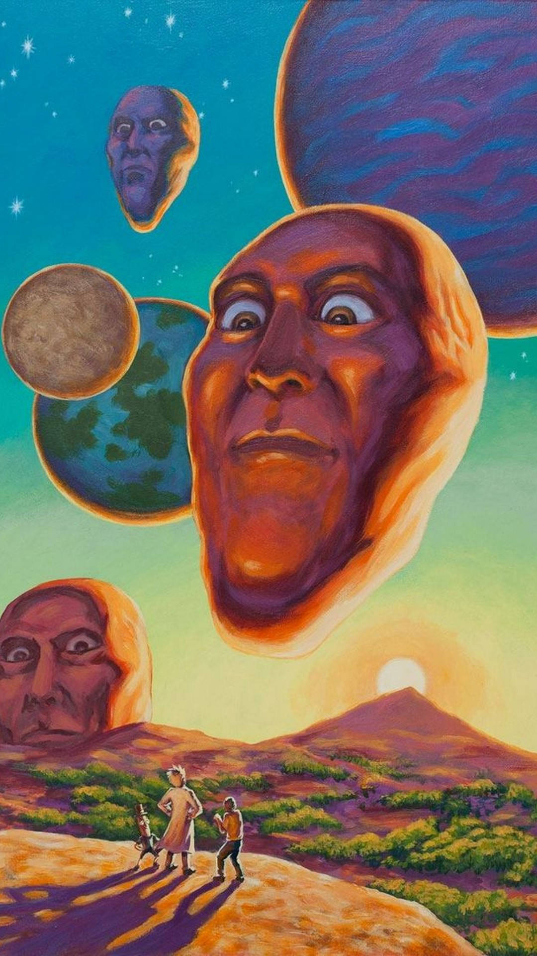 rick 桌布 壁紙 — 三個微小的人物在巨大的漂浮頭顱和行星下的沙漠景觀中行走，構成超現實的宇宙場景。