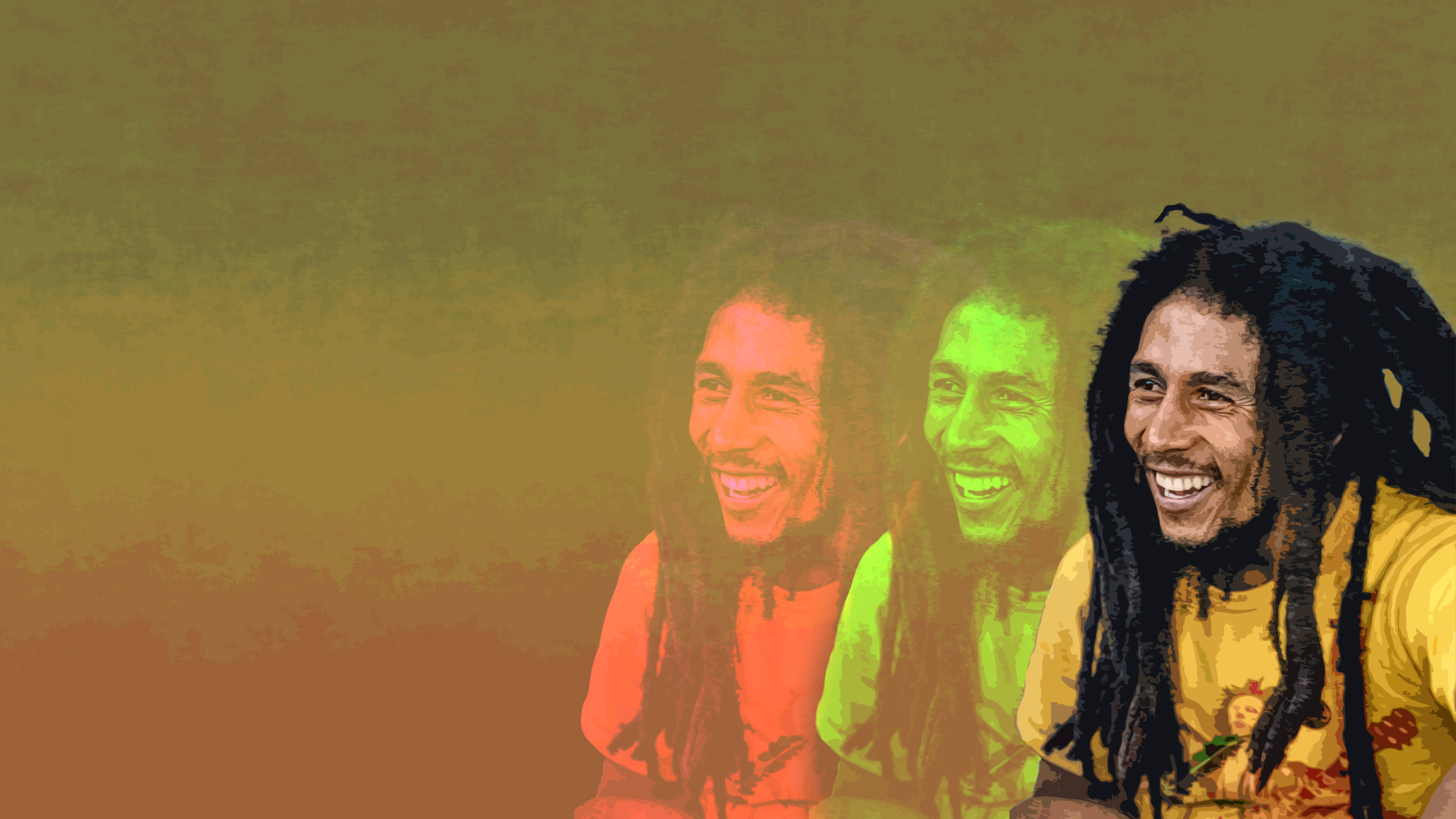 Bob Marley 桌布 壁紙 — 三個微笑的 Bob Marley 肖像以紅、綠、黃色層疊在紋理漸變背景上。