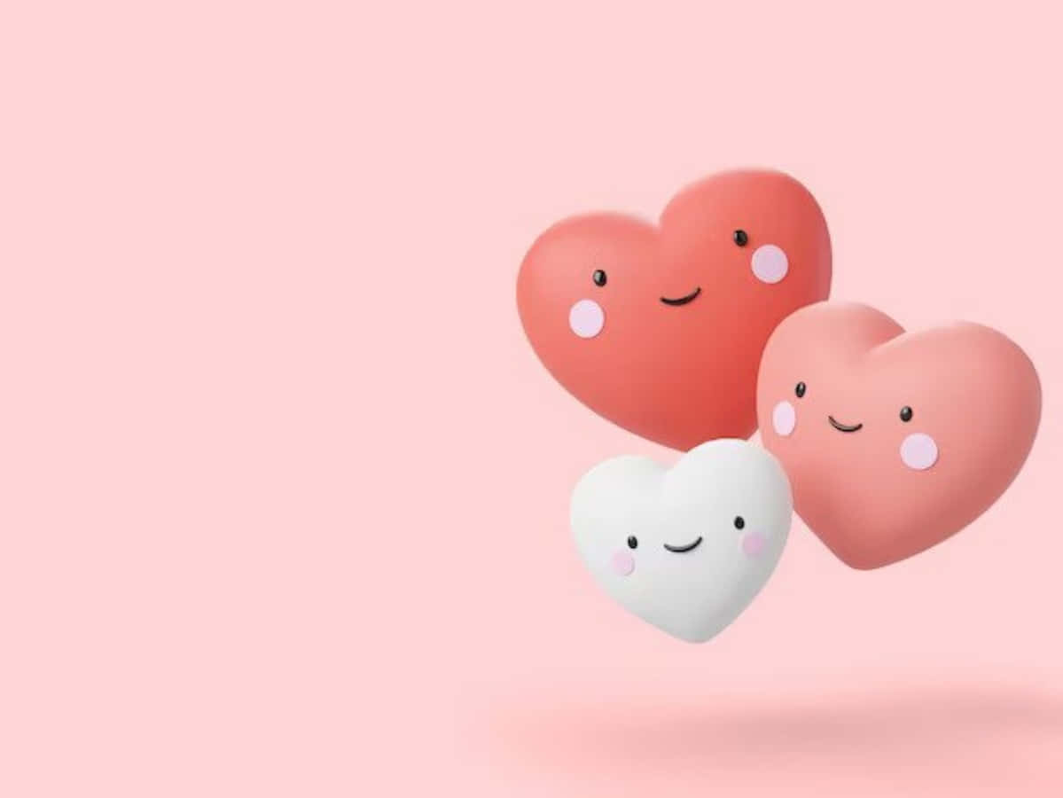 Cartoon Heart 桌布 壁紙 — 三個微笑的3D心形，珊瑚白色和蜜桃色，在柔和的粉紅色背景上輕輕漂浮。