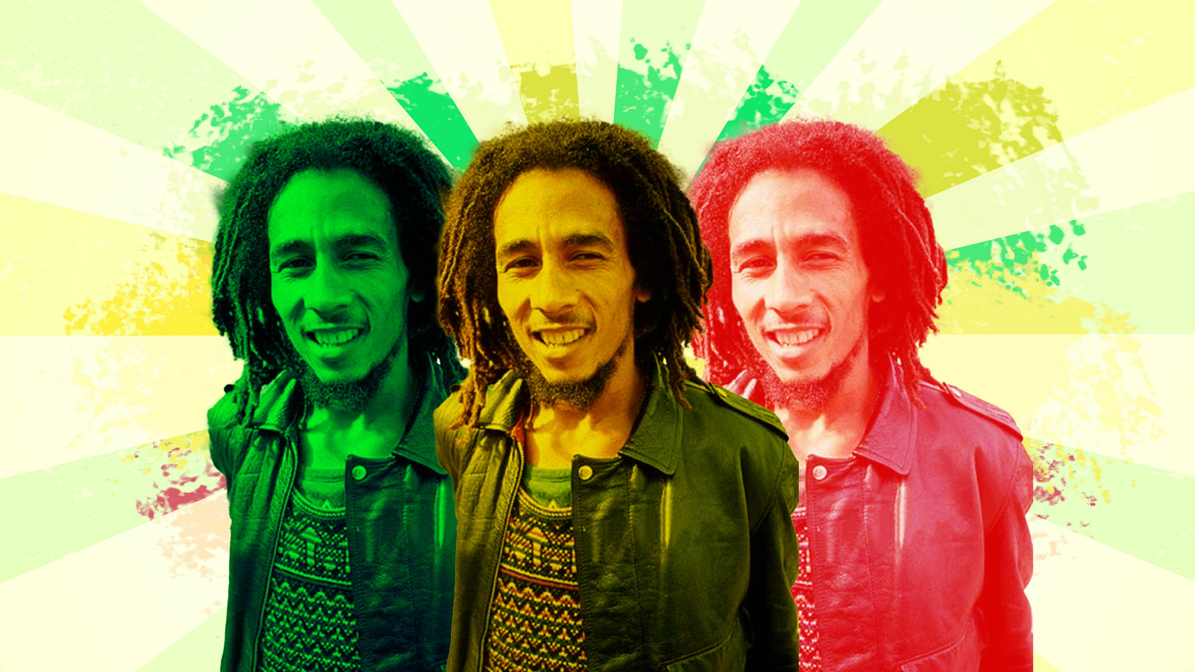 Bob Marley 桌布 壁紙 — 三個微笑的Bob Marley肖像，以鮮豔的綠色、黃色和紅色色調呈現，背景是太陽爆發。