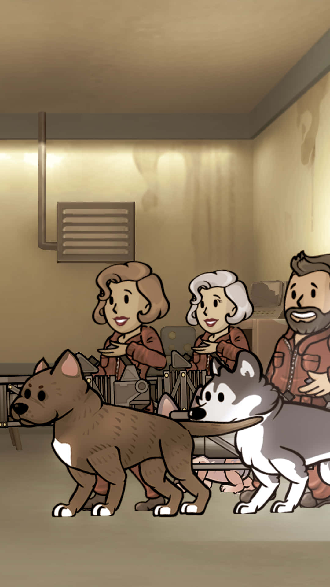 Fallout Shelter 桌布 壁紙 — 三個微笑的人在一個溫暖光線的房間裡，站在兩隻頑皮的狗後面，一隻棕色，一隻哈士奇。