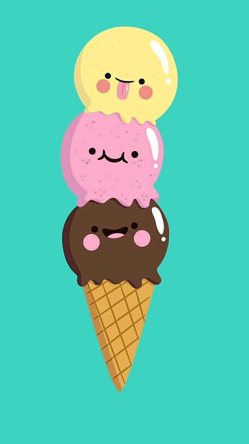 Ice Cream 桌布 壁紙 — 三個微笑的卡通冰淇淋球，黃色、粉紅色和巧克力色，堆疊在鬆餅筒上，背景為青綠色。