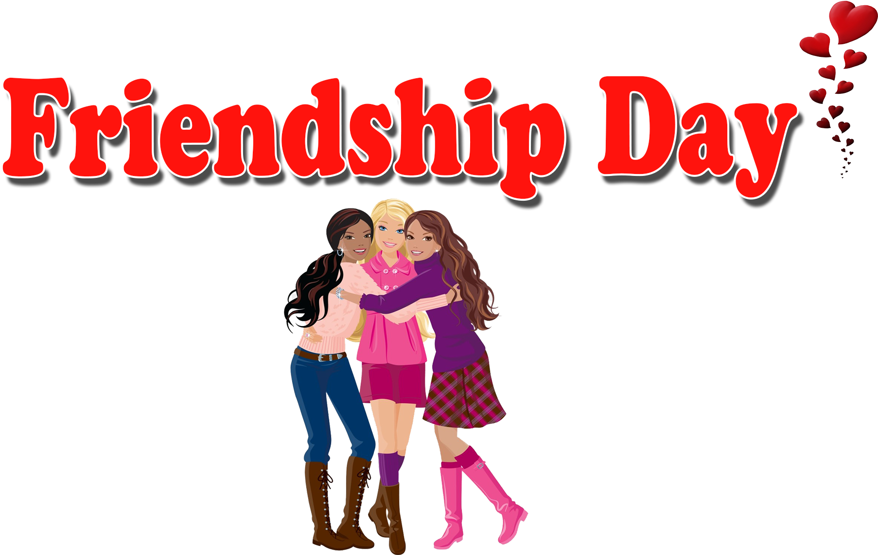 老友記 桌布 壁紙 — 三個微笑的卡通女孩在粗體紅色「Friendship Day」文字和漂浮的心形下溫暖地擁抱。