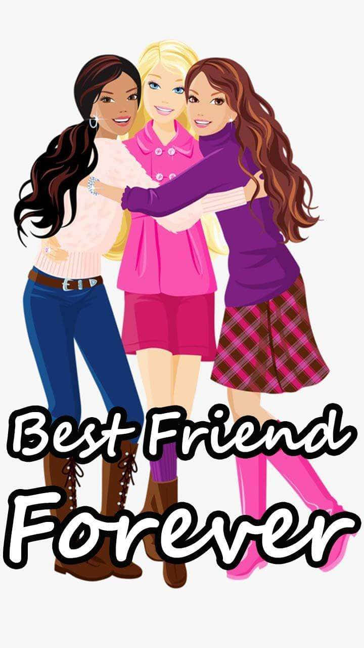 Friendship 桌布 壁紙 — 三個微笑的卡通女孩穿著色彩繽紛的服裝熱情擁抱，下方有「永遠最好的朋友」文字。
