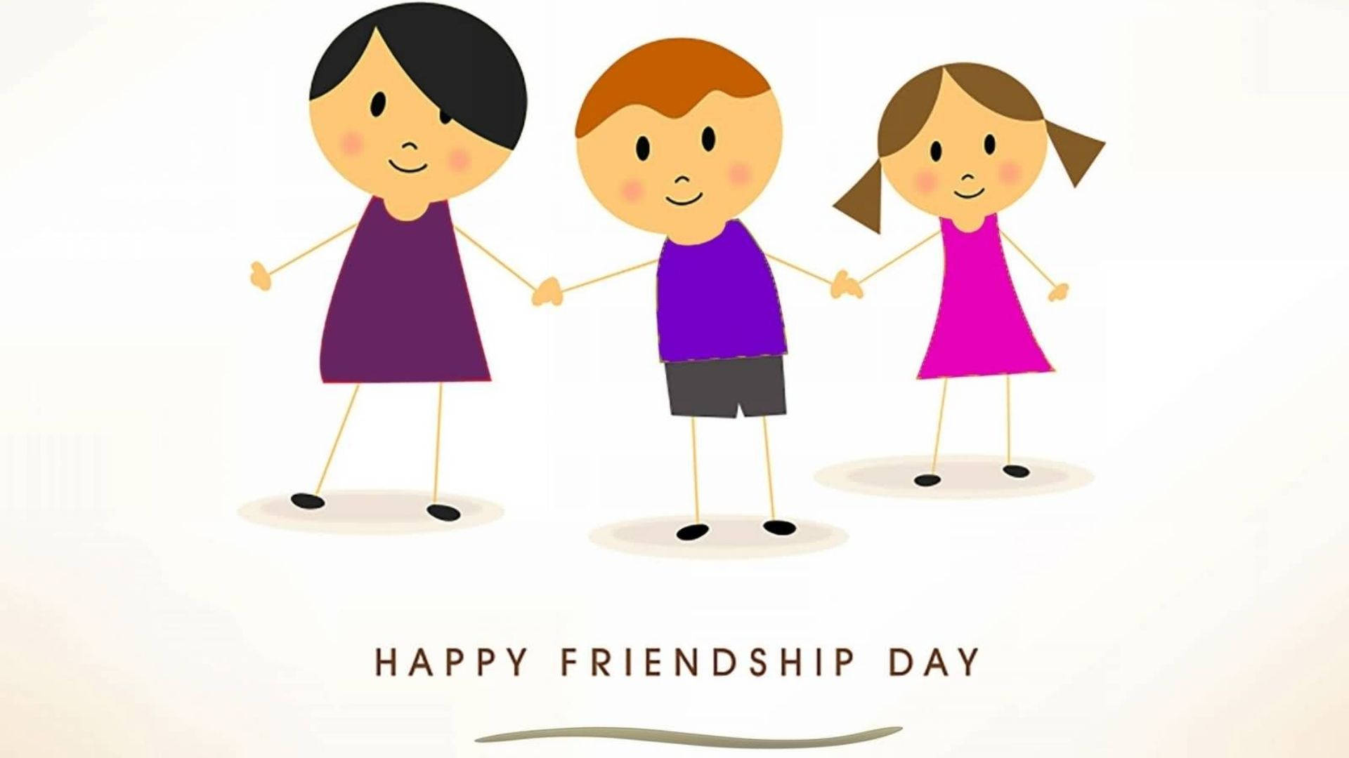 Friendship Day 桌布 壁紙 — 三個微笑的卡通小孩手牽手，營造出柔和粉彩色的歡樂友誼場景。