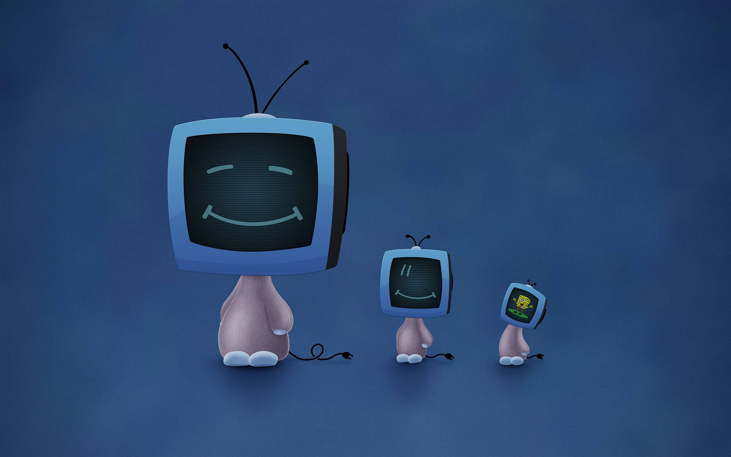 tv 桌布 壁紙 — 三個微笑的卡通電視角色，帶有天線頭和粉紅色身體，排成一排站在深藍色背景前。