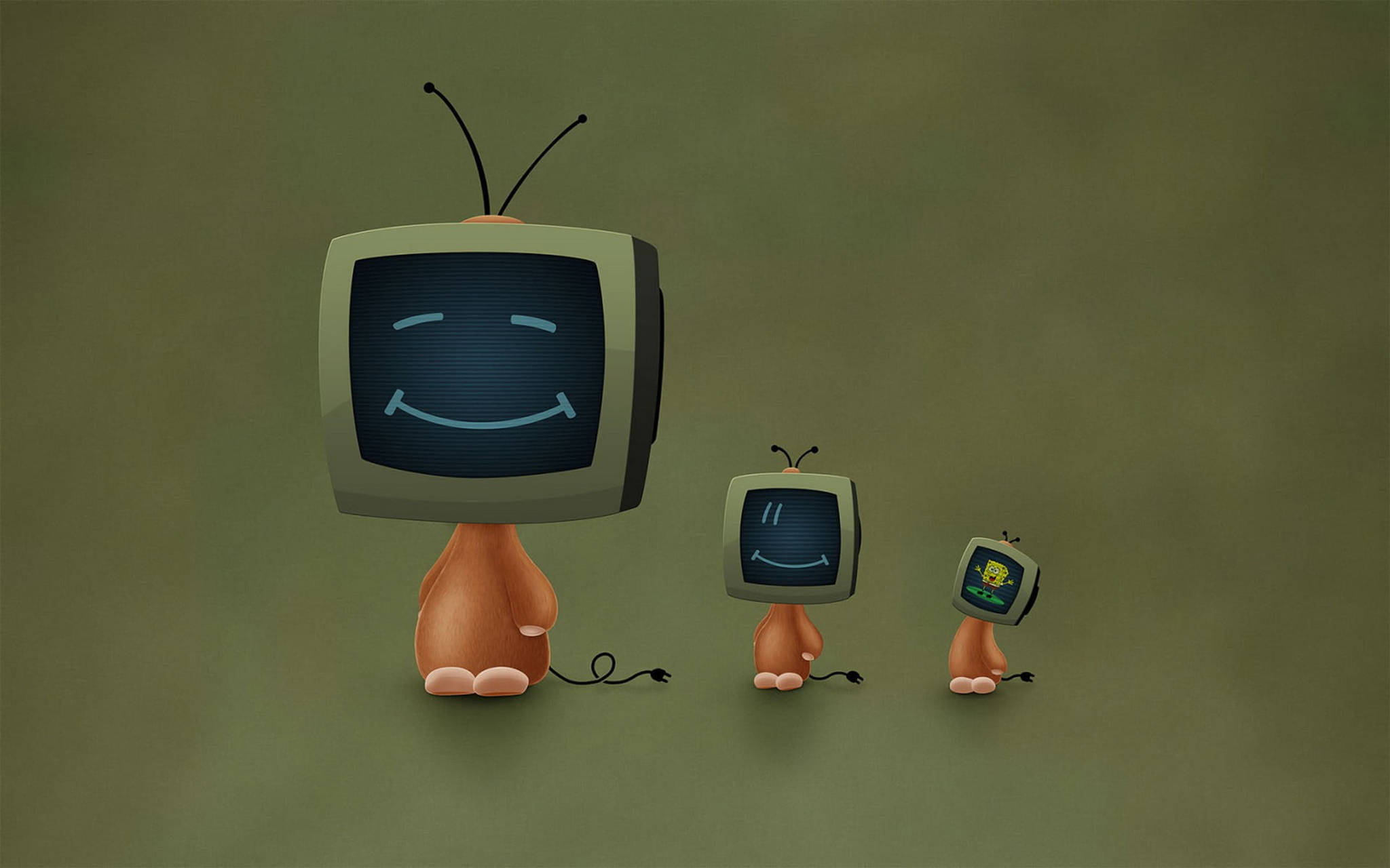 tv 桌布 壁紙 — 三個微笑的卡通電視角色，頭上有天線，橙色身體，排成一排，背景是柔和的綠色。