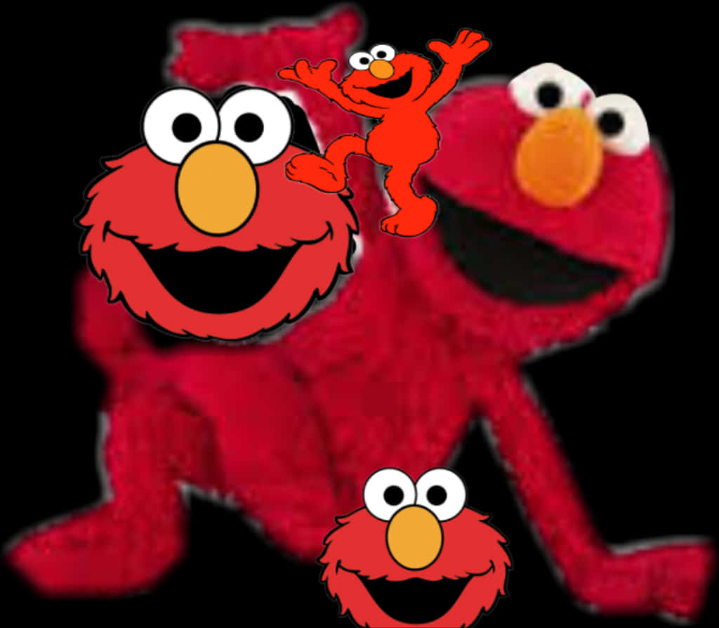 Elmo 桌布 壁紙 — 三個快樂的Elmo角色，紅色毛髮，大眼睛和橙色鼻子，出現在黑色背景上。