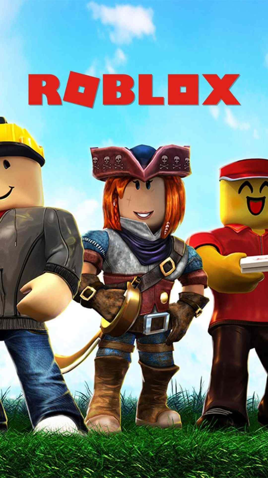 game 桌布 壁紙 — 三個快樂的Roblox虛擬角色站在草地上，上方是明亮的藍天和Roblox標誌。