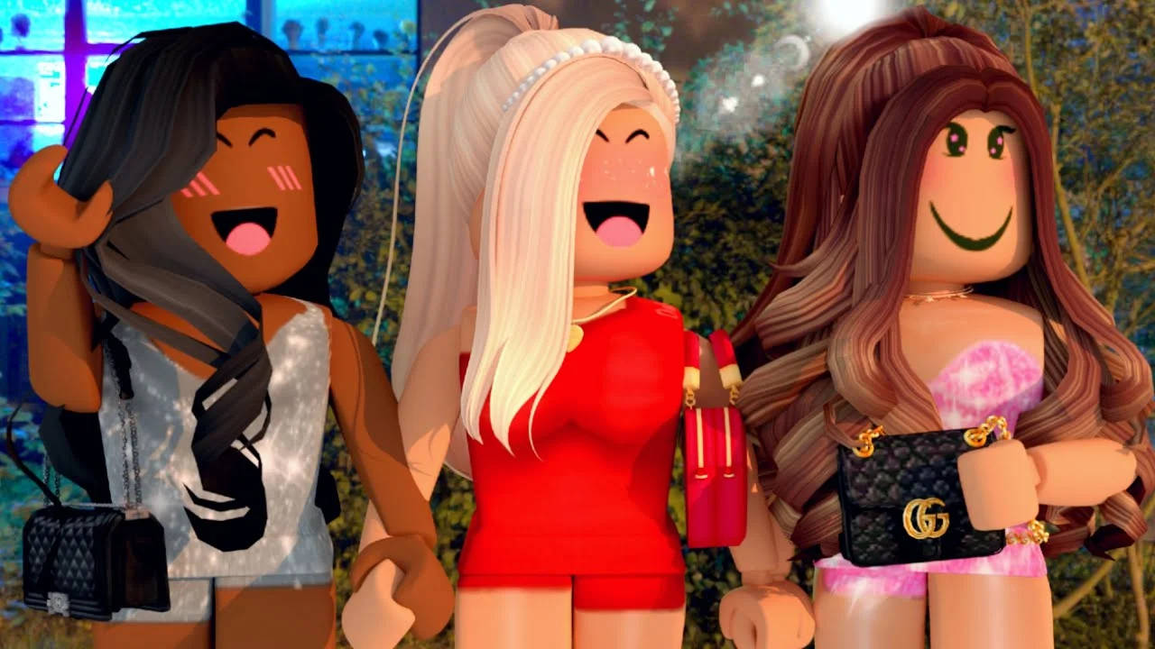Roblox 桌布 壁紙 — 三個快樂的Roblox頭像在一個充滿活力的夜間派對中一起大笑，背後有發光的燈光和樹木。