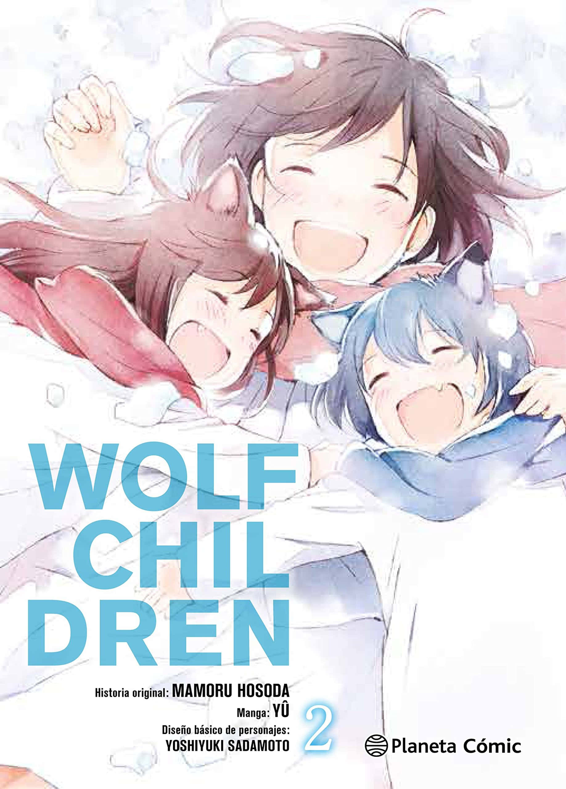 Wolf Children 桌布 壁紙 — 三個快樂的動畫女孩，有狼耳朵，在雪景中裹著毯子一起笑。
